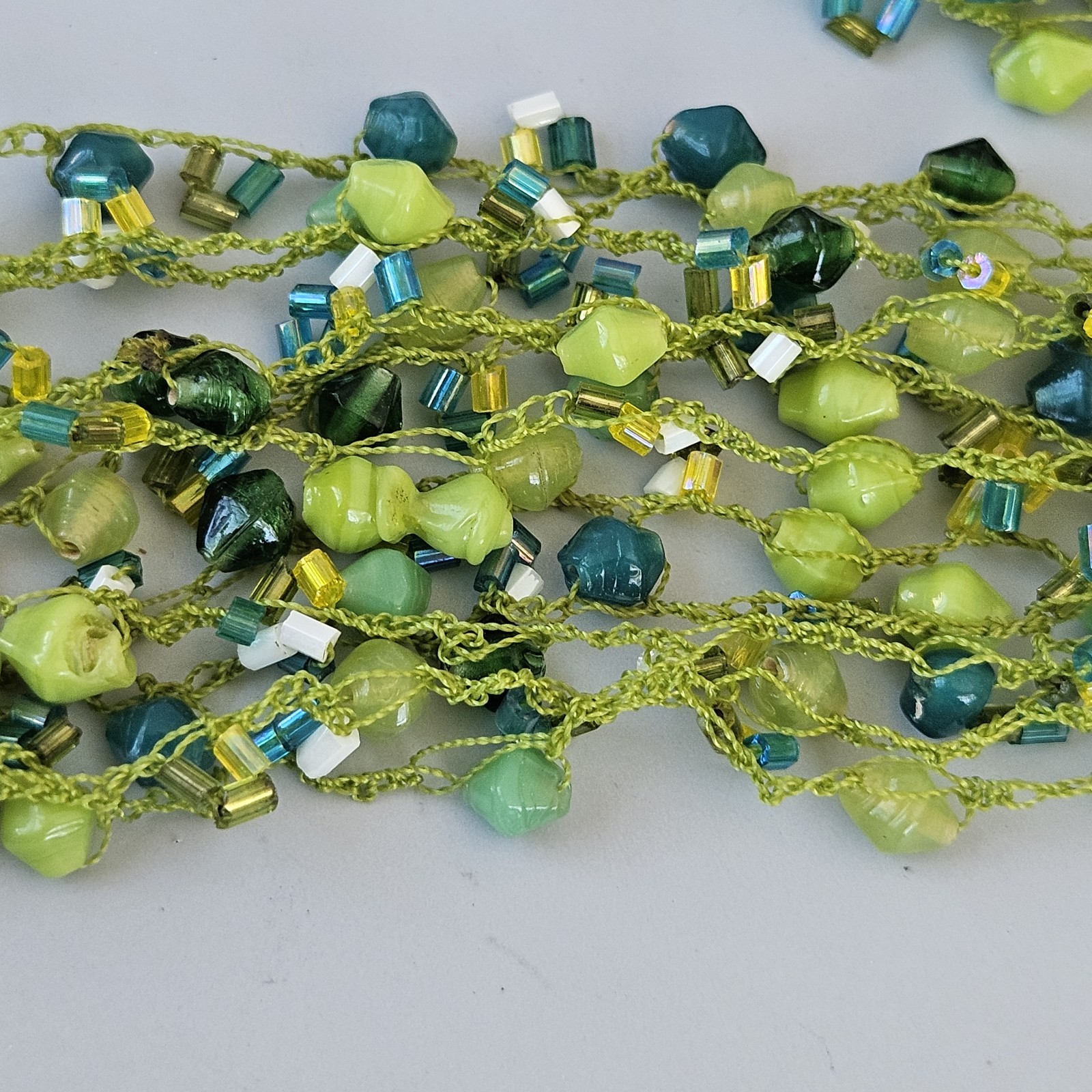 VTG Rain Beaded Necklace Multi Strand Cluster Hook Earrings Set Silver Green Lot