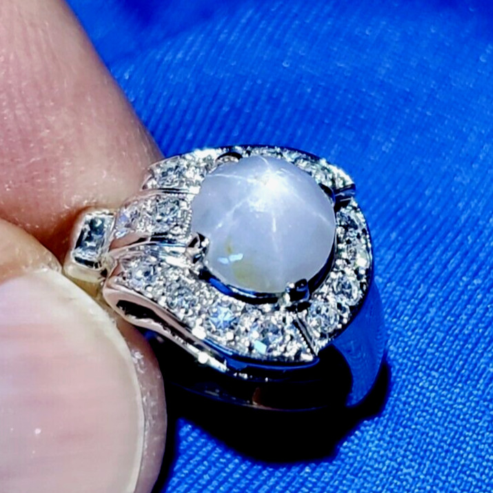 EARTH MINED STAR SAPPHIRE DIAMOND ART Deco Engagement Ring SOLID 14K WHITE GOLD