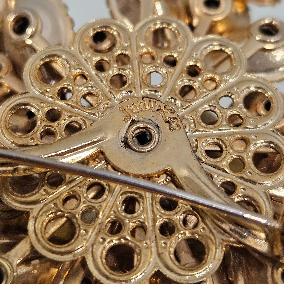 Judy Lee Vintage Golden Brown Yellow Stones Layered Flower Gold Tone Brooch Pin