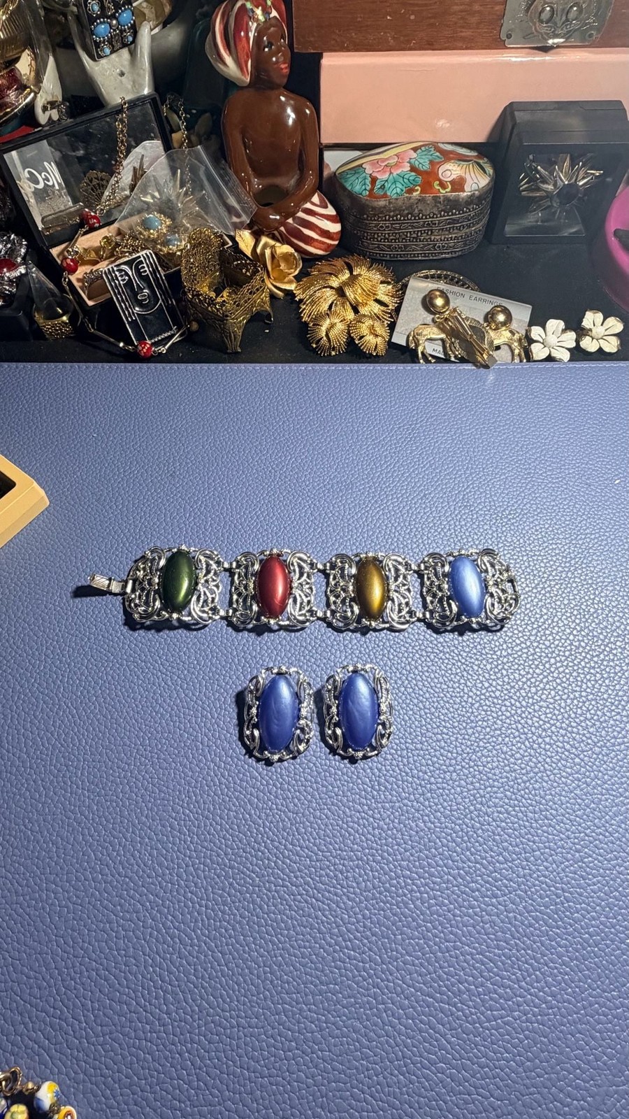 Vintage Sarah Coventry Carousel Silver Tone Multi-Color Cabochon Bracelet and Ea