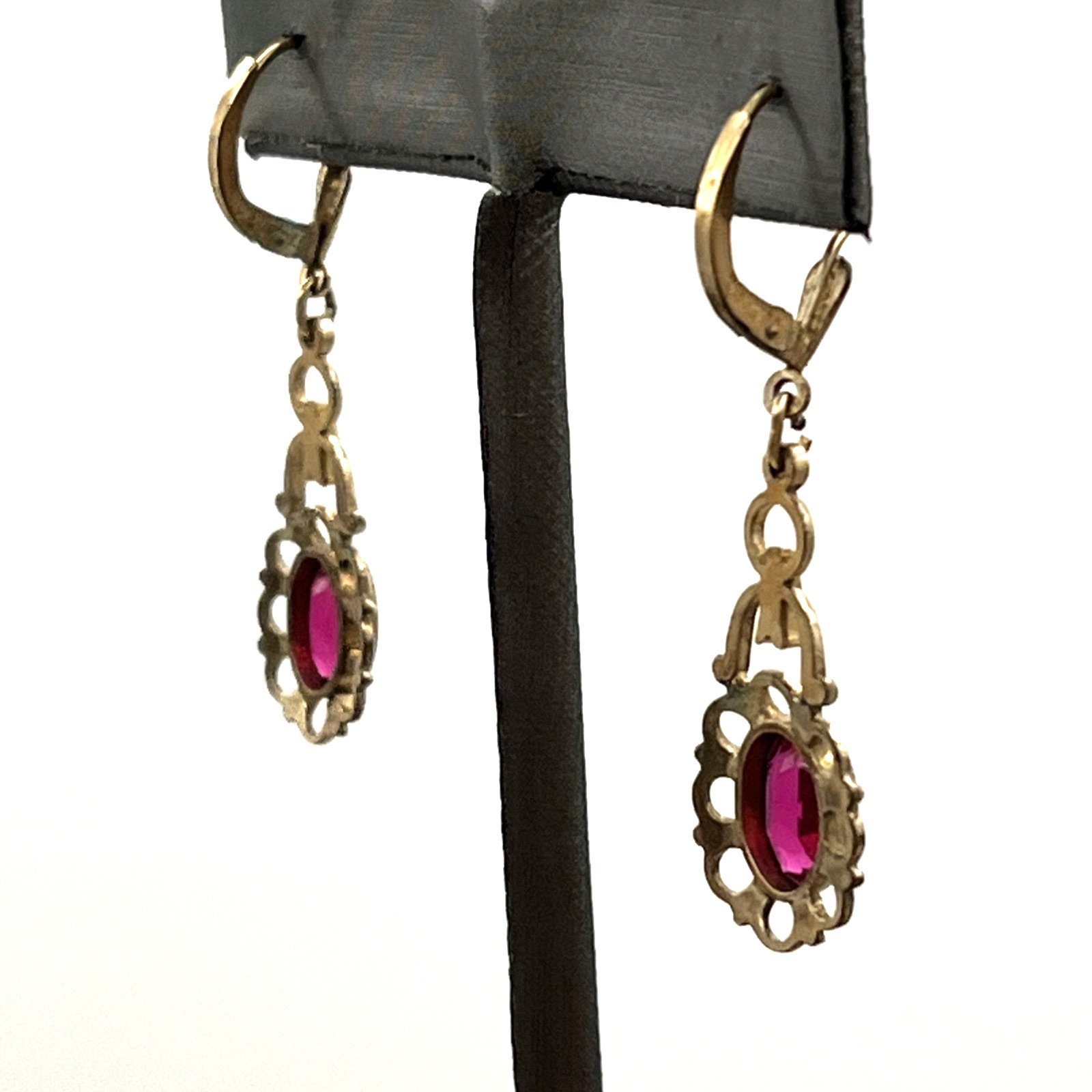 Vintage Art Deco Rolled Gold Red Ruby Simulated Pierced Earrings
