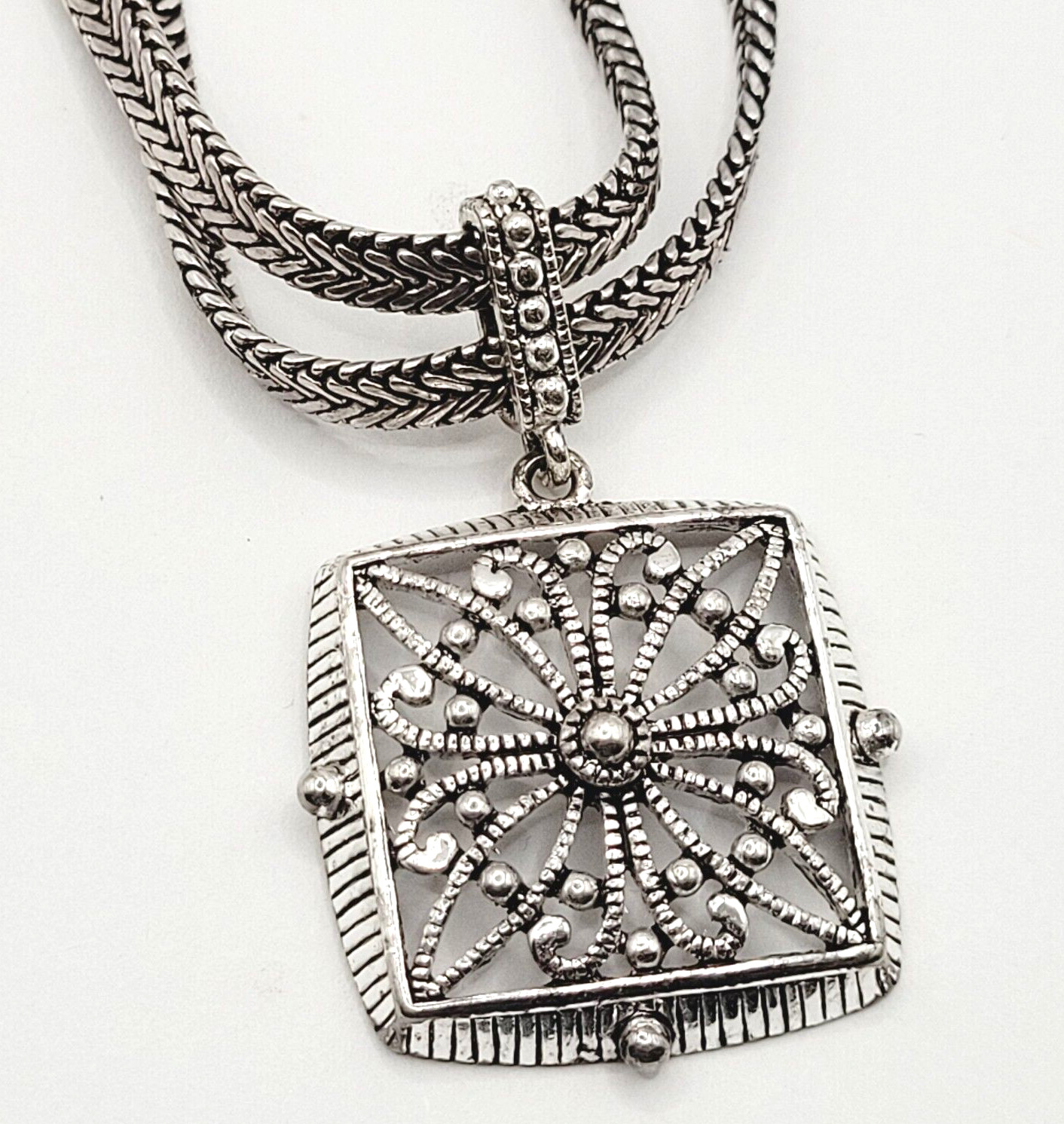 Napier Two Chain with Square Floral Filigree Ornate Silver Tone Pendant Necklace
