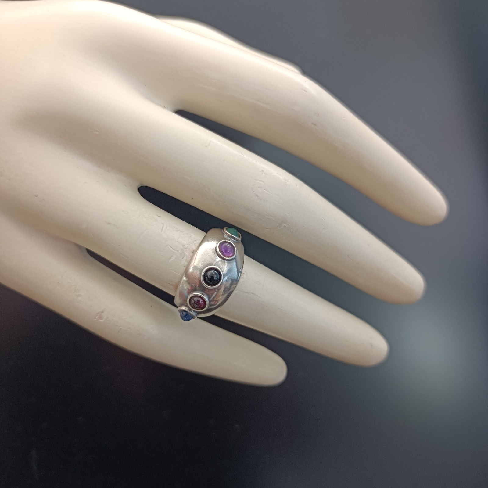 Modernist Gemstone Dome Ring Sterling Silver Cabochon Band Boho Israeli Artisan