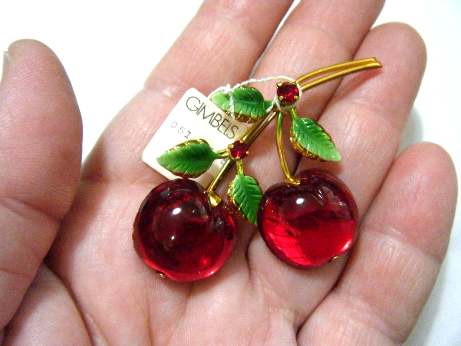 Vintage 50s Austria Double Bright Red Glossy Glass Cherry Brooch Pin Orig. Tag