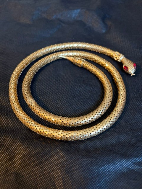 Vintage New Old Stock DL Auld Gold Tone Mesh Snake with Red Eyes Necklace/Belt