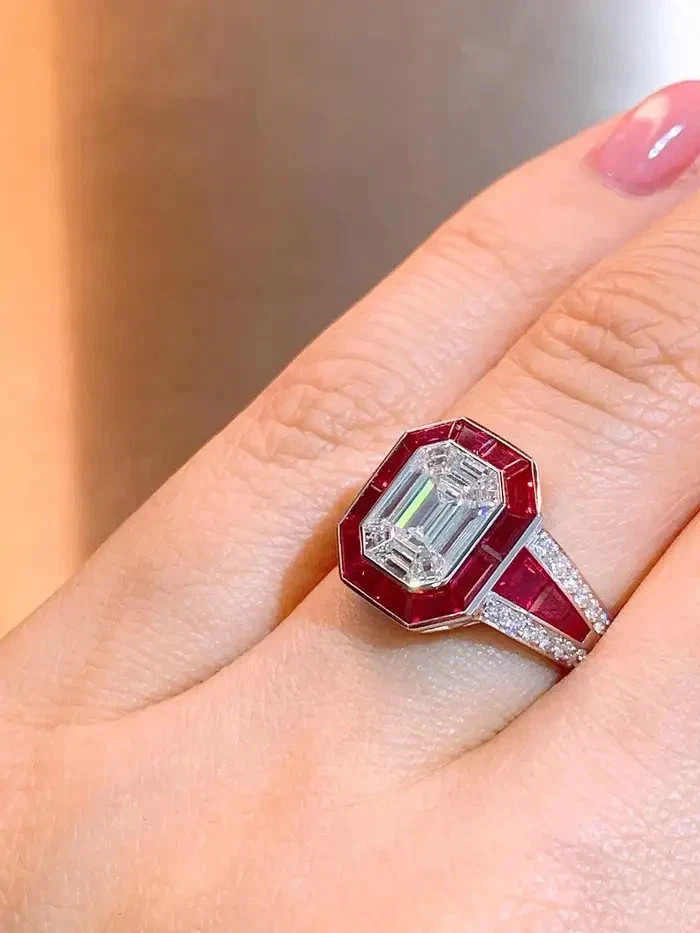 Art Deco Style 4Ct Emerald Moissanite Halo Ruby Wedding 14K White Gold Finish