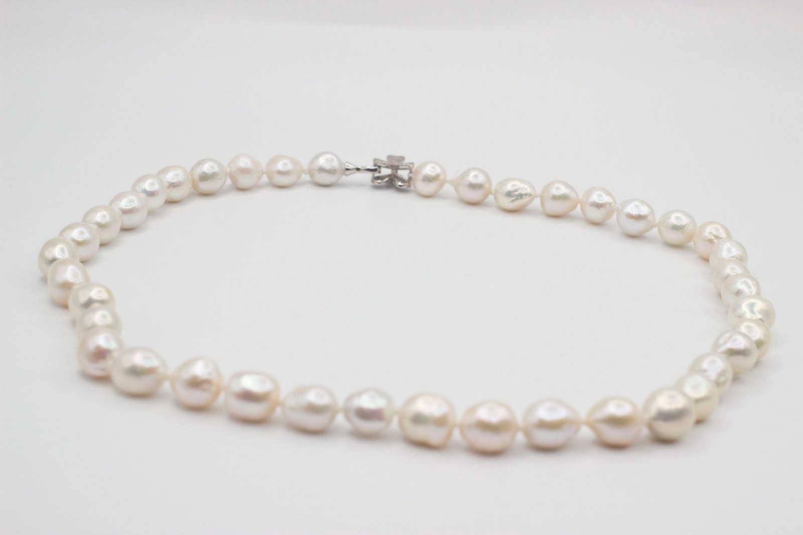 21” White Baroque Edison Pearl Necklace Kasumi Style Sterling Silver CZ Clasp