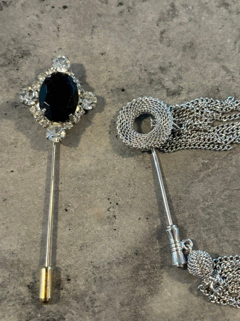 Vintage Emmons Mesh Tassel Hat Stick Pin Silver Tone and Vintage Black stone pin