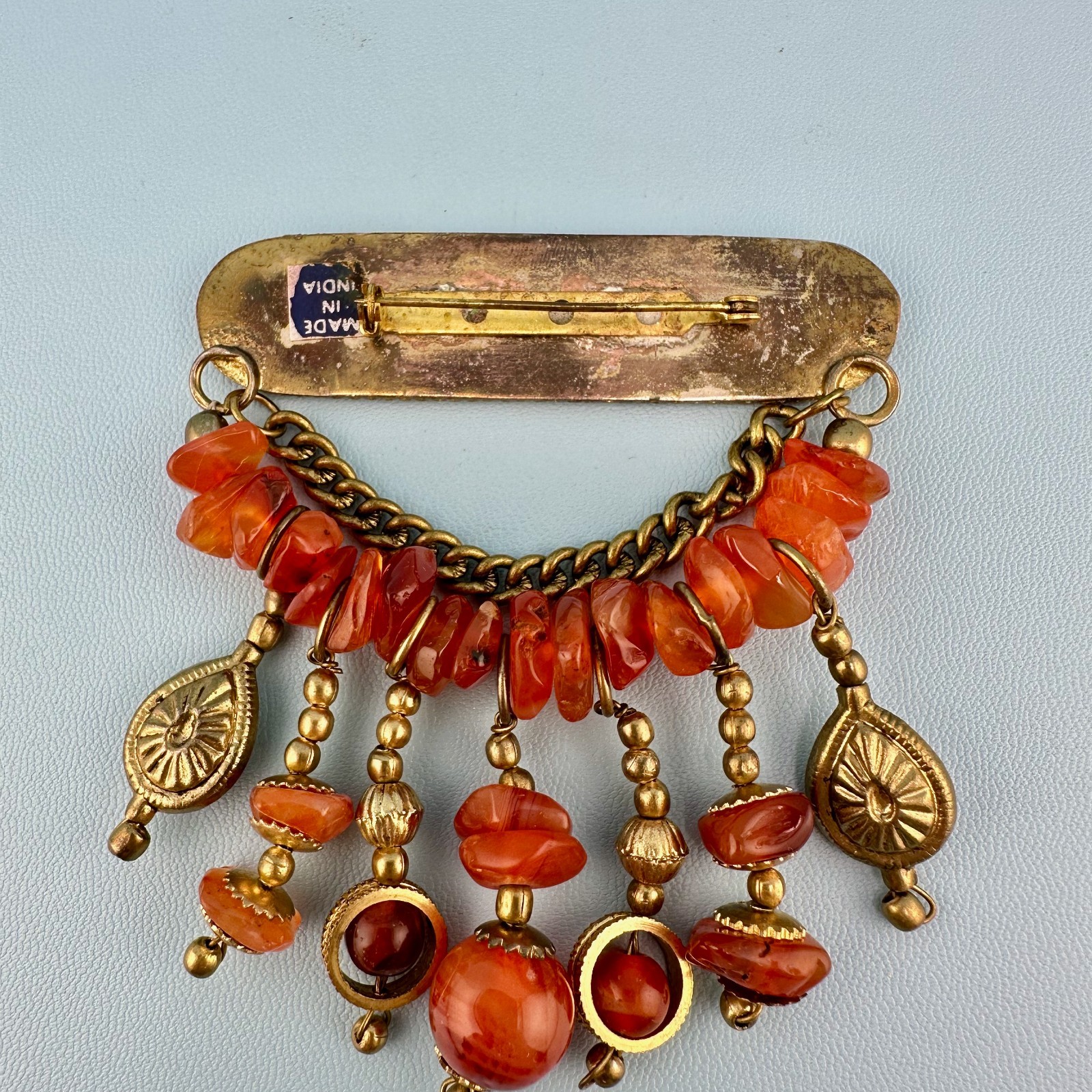 Vintage Bar Brooch Gold Tone Dangle Chains Carnelian Stone Beads Boho India