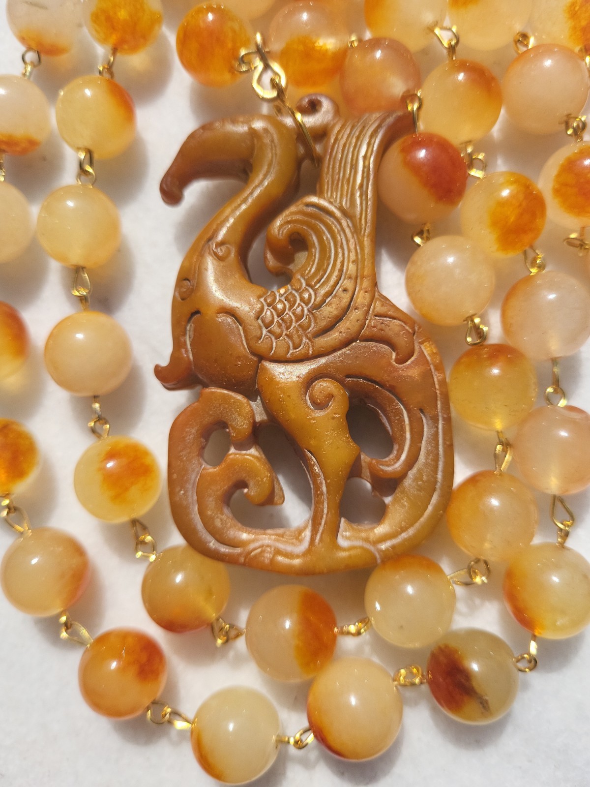 VINTAGE CARVED JADE PHOENIX DRAGON PENDANT JADE GEM BEAD WIRE NECKLACE SET OOAK