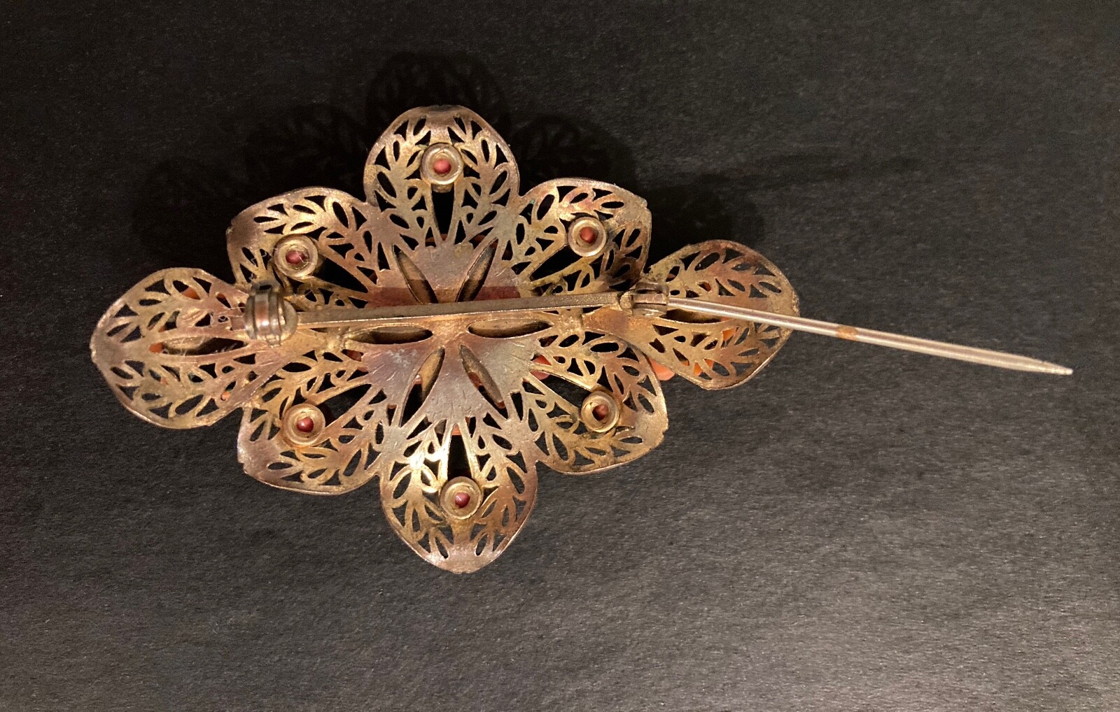 Vintage Rose Brooch Filigree Flower Floral Cut Out Prongs Leaf Peach Coral Pin
