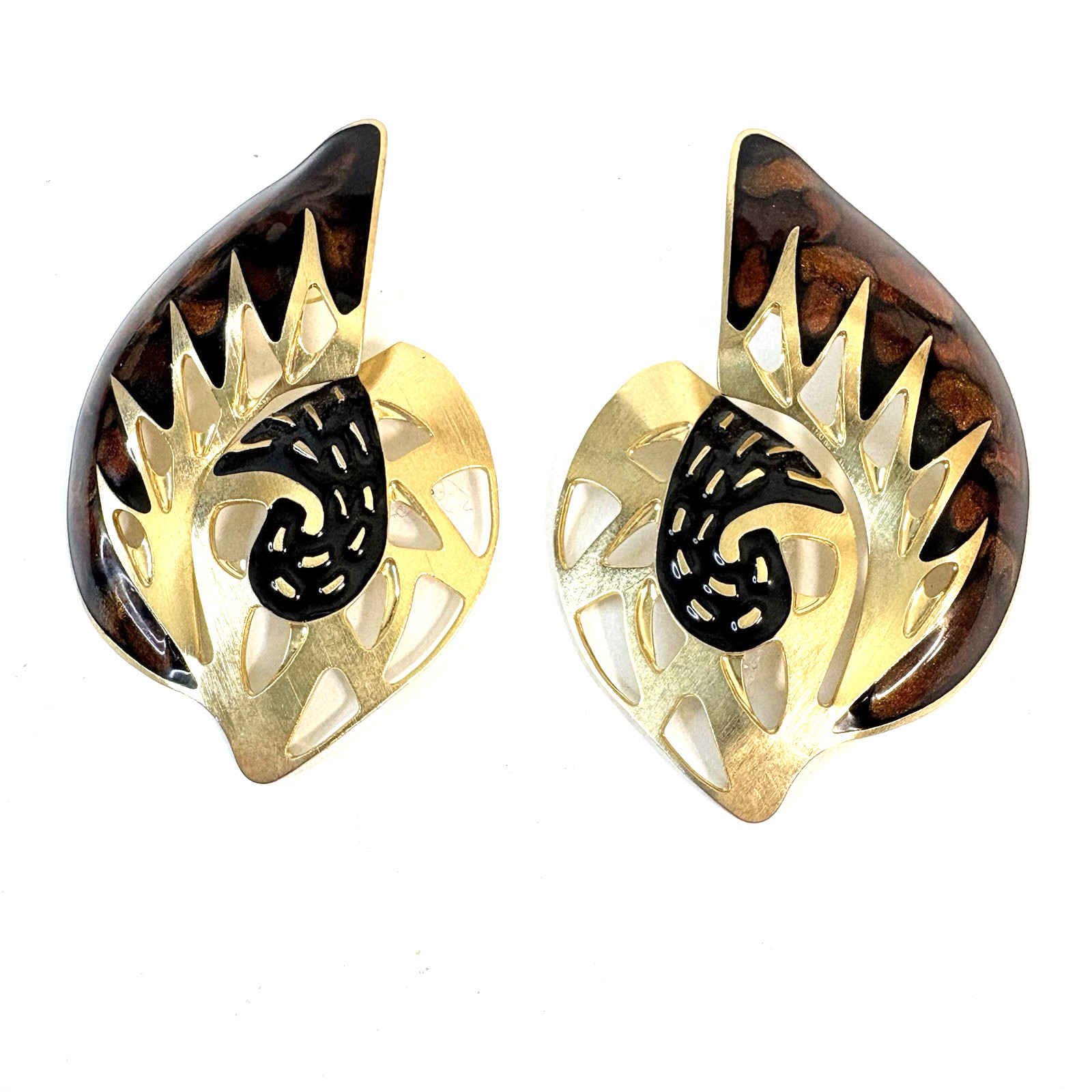Vintage 80s Edgar Berebi Earrings Goldtone Brown Enamel Shell Statement 2 1/2″