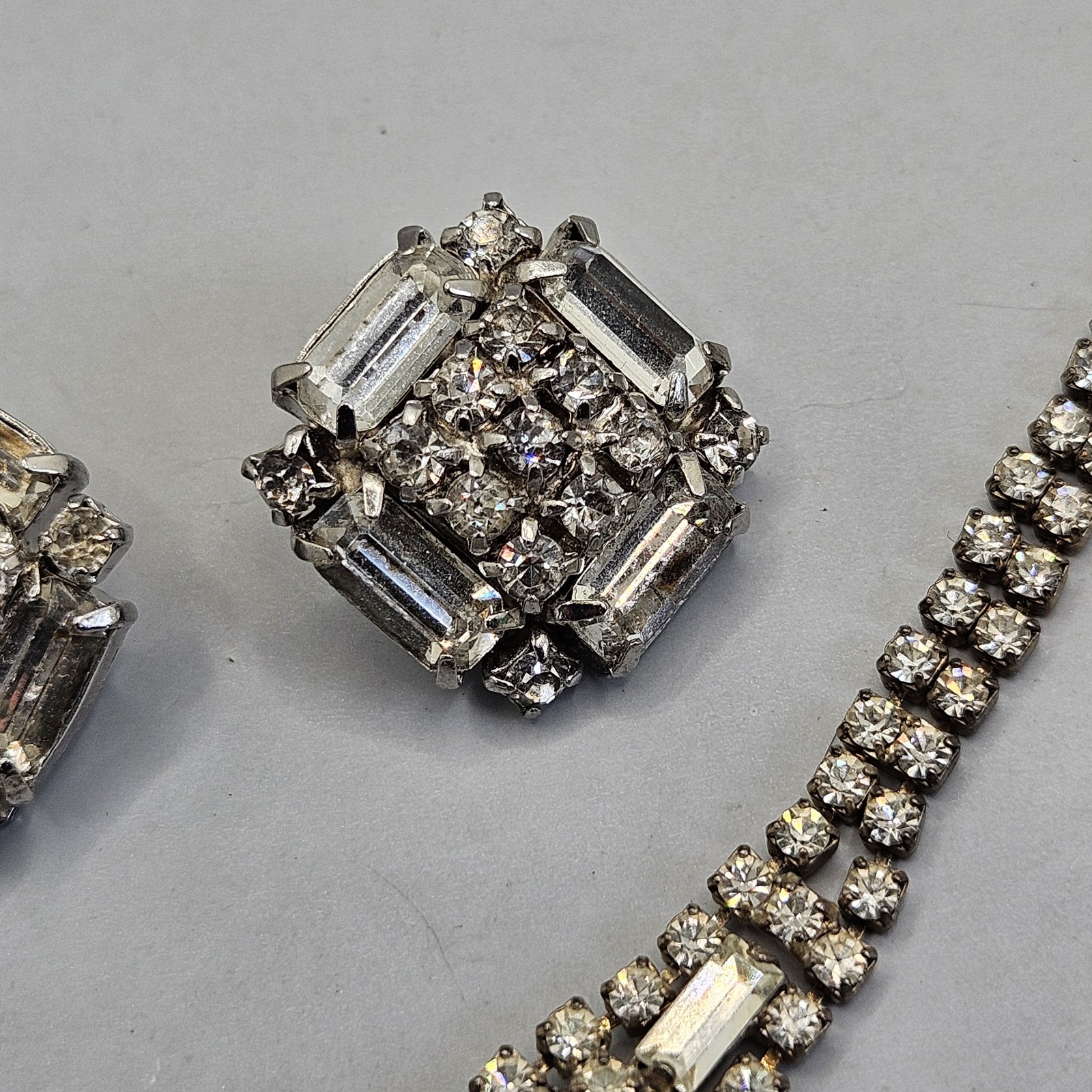 Vintage Art Deco Rhinestone Necklace Earrings Set Clear Baguette Pave Lot 15″