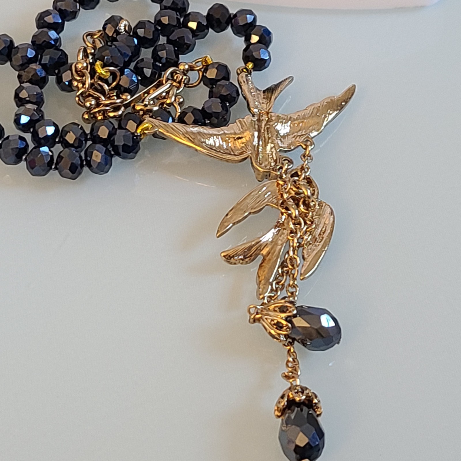 Signed Lihangyuan Twin Flying Birds Necklace Blue Rhinestone Black Bead 5″ Drop