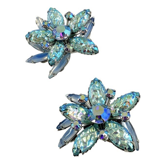 Vintage Judy Lee Blue Iridescent Glass Floral Clip Earrings AB Rhinestone 1960s