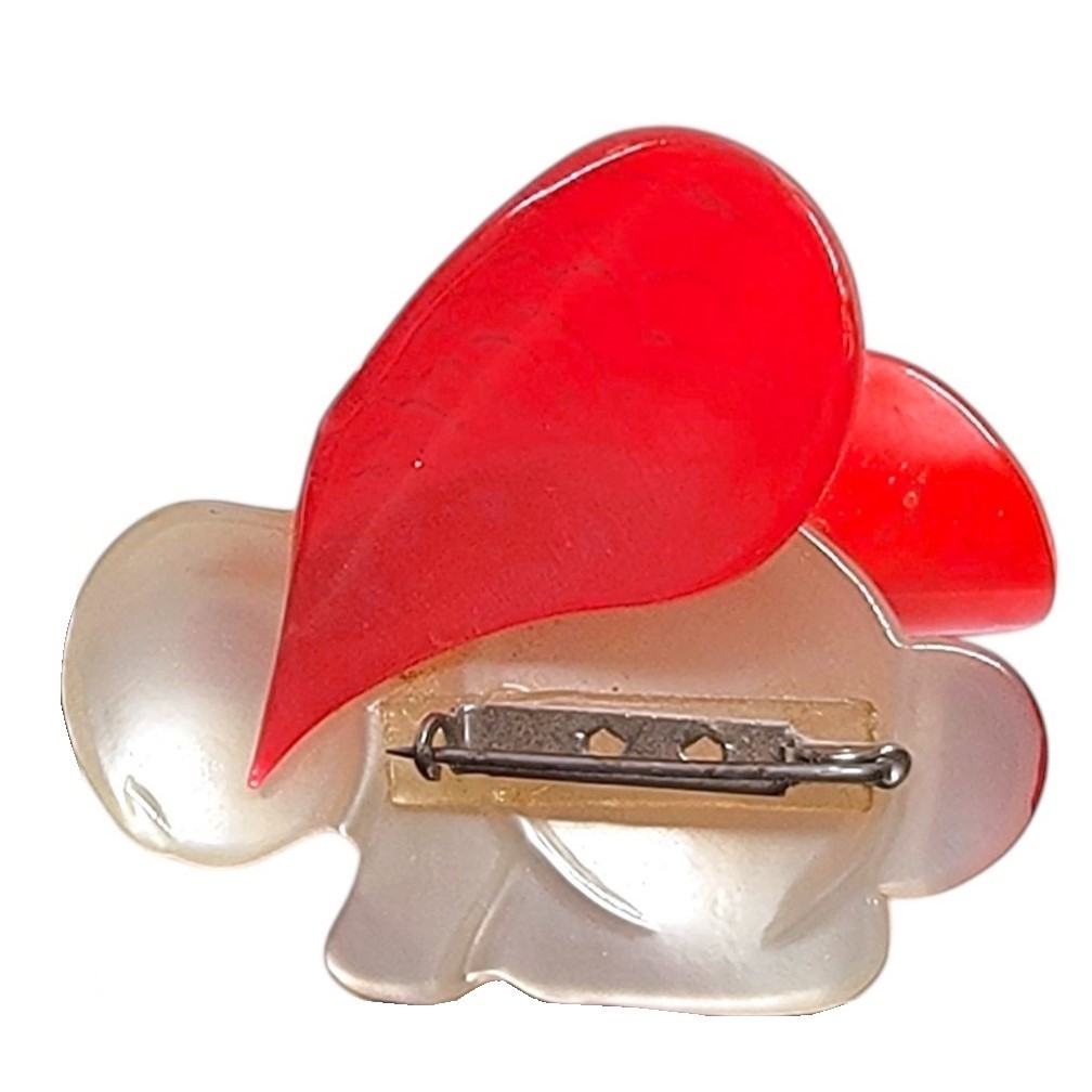 40s Bunny Brooch Vintage Figural Rabbit Pin of White & Red Acetate / Spun Nylon