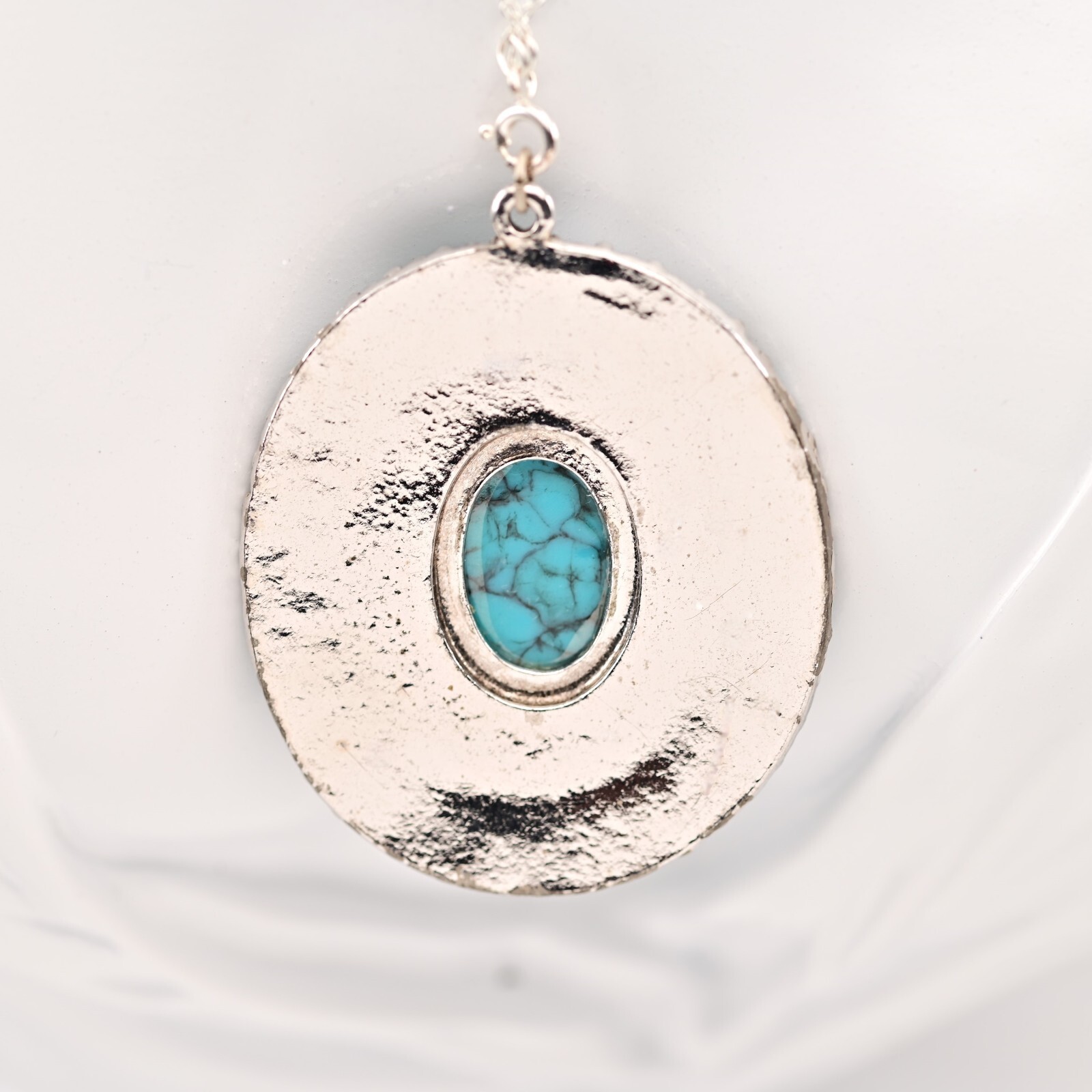 Original Vintage Native Silver Faux Turquoise Gemstone Pendant Estate Necklace