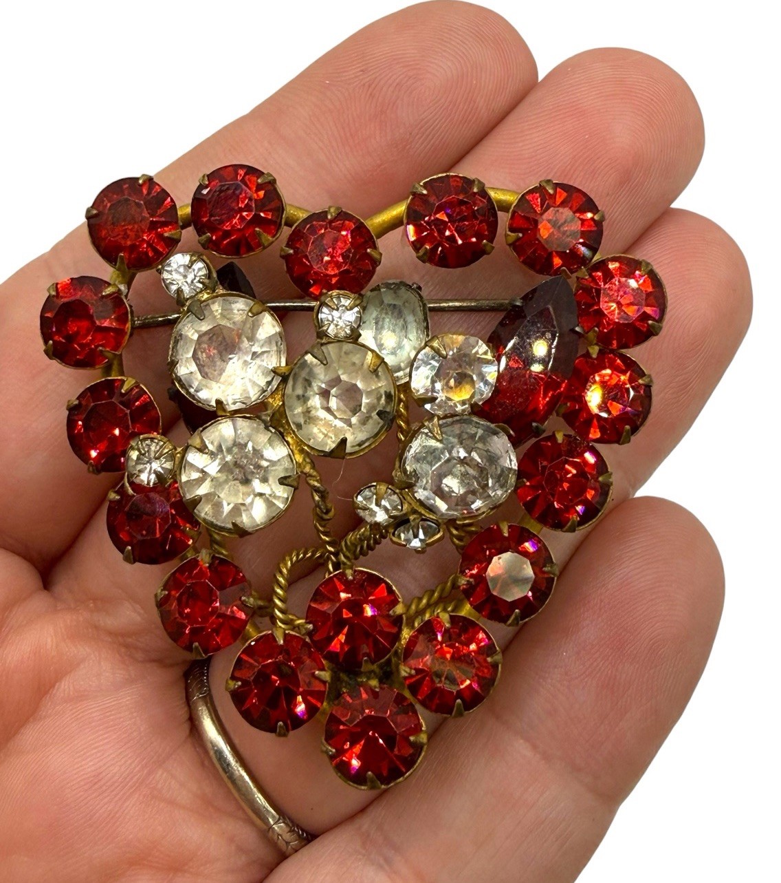 Vintage 50s 60s Czech Ruby Red Glass Rhinestones Heart Valentines Brooch Pin