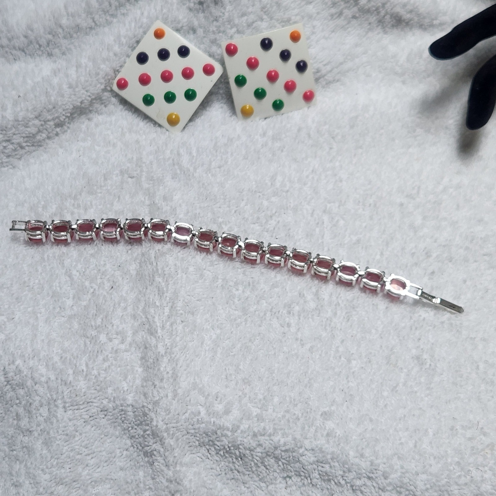 Avon Pink Cats Eye Bracelet and Vintage 80s Multi Color Dot Square Earrings lot