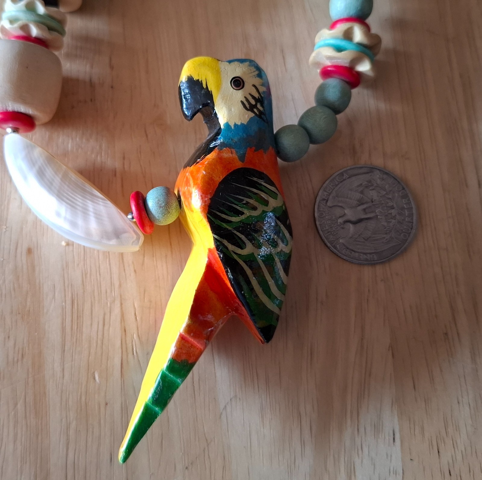 Vintage Tropical Jewelry Hand-Carved Parrots, Wood Beads, Seeds Necklace