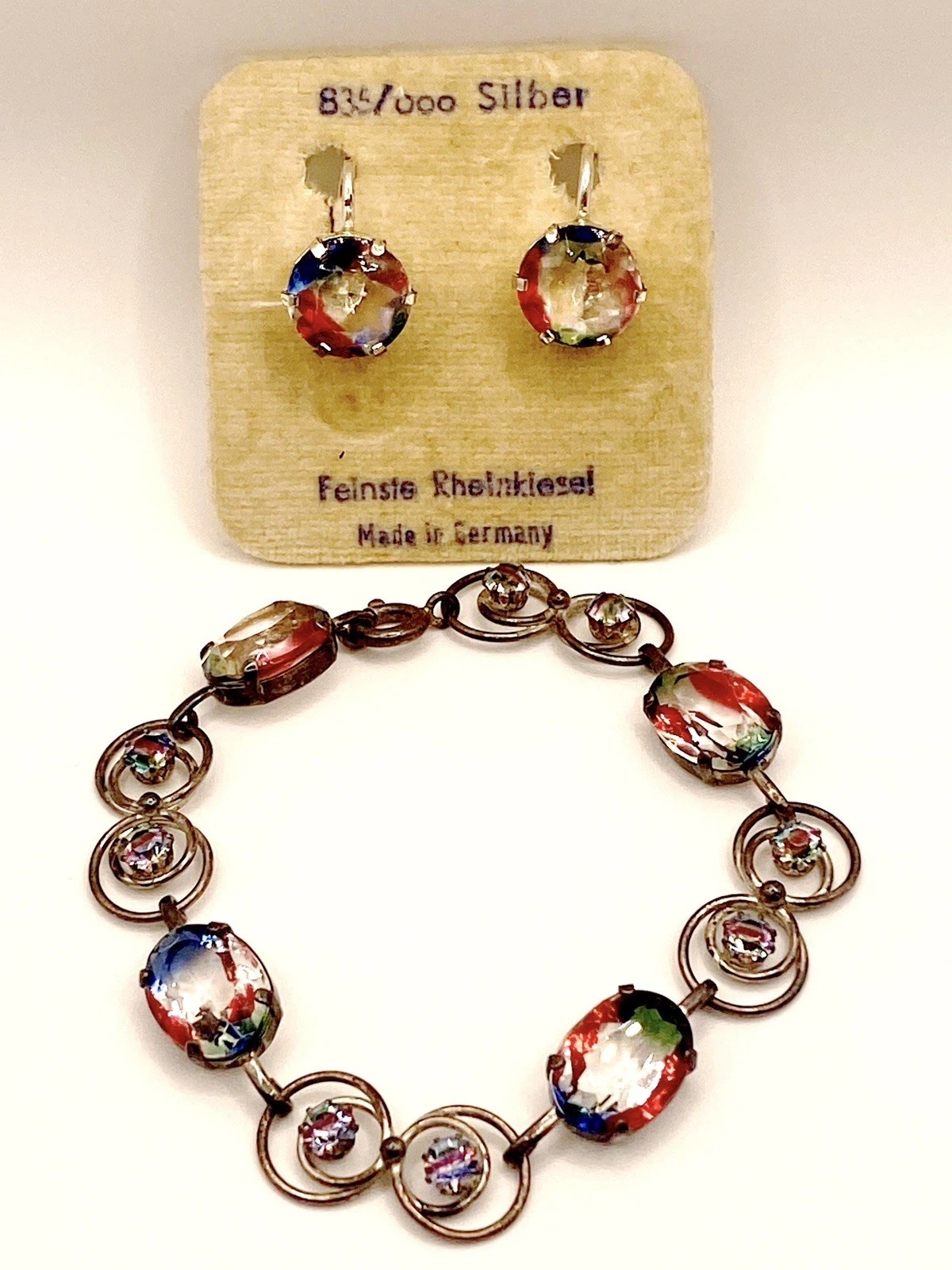 SILVER 835 FEINSTE RHEINKIESEL IRIS RAINBOW GLASS CAB BRACELET & EARRING SET
