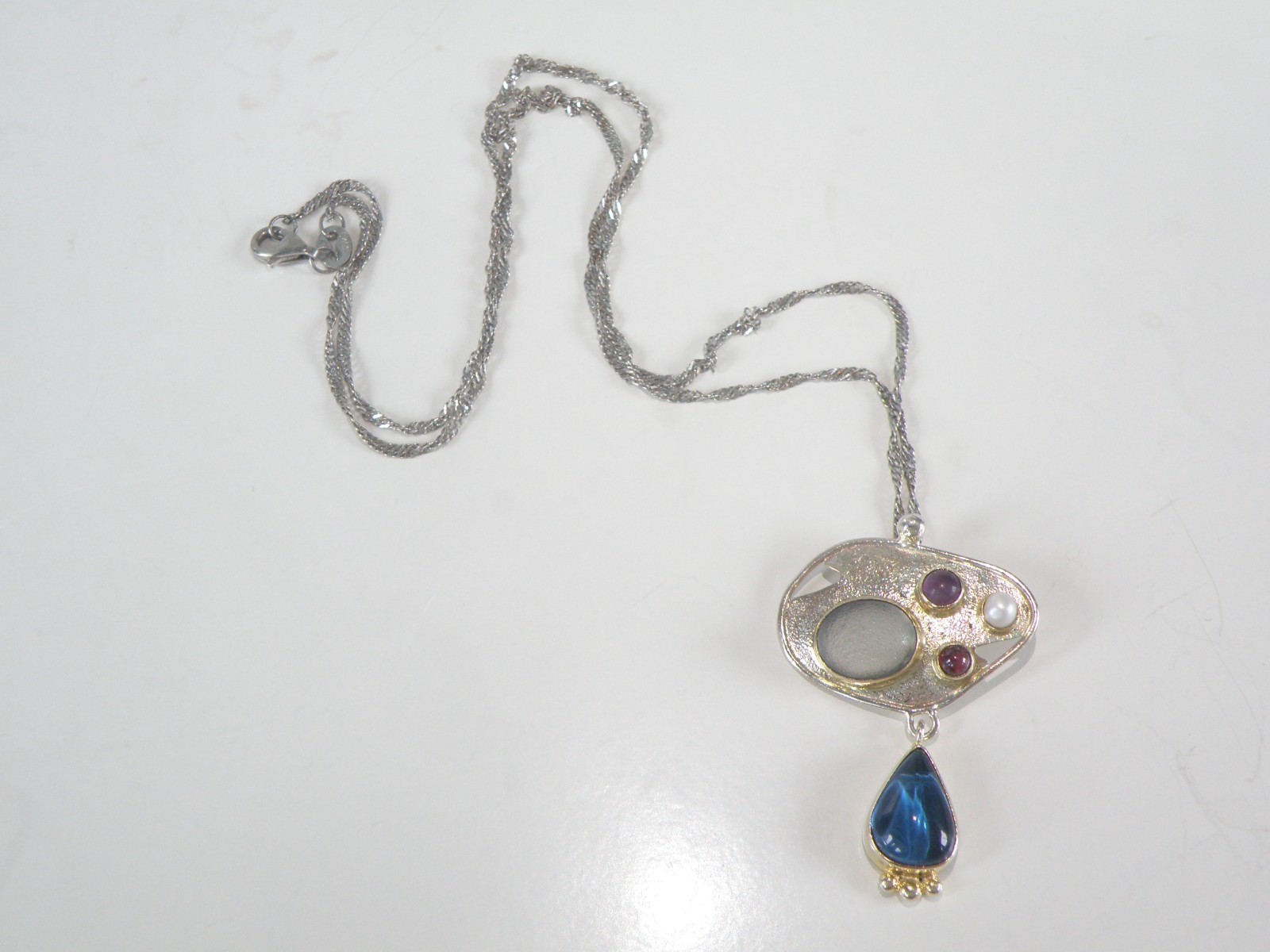 Artisan Sterling Silver 925 Beach Glass Gemstone Modernist Pendant Necklace 18.5