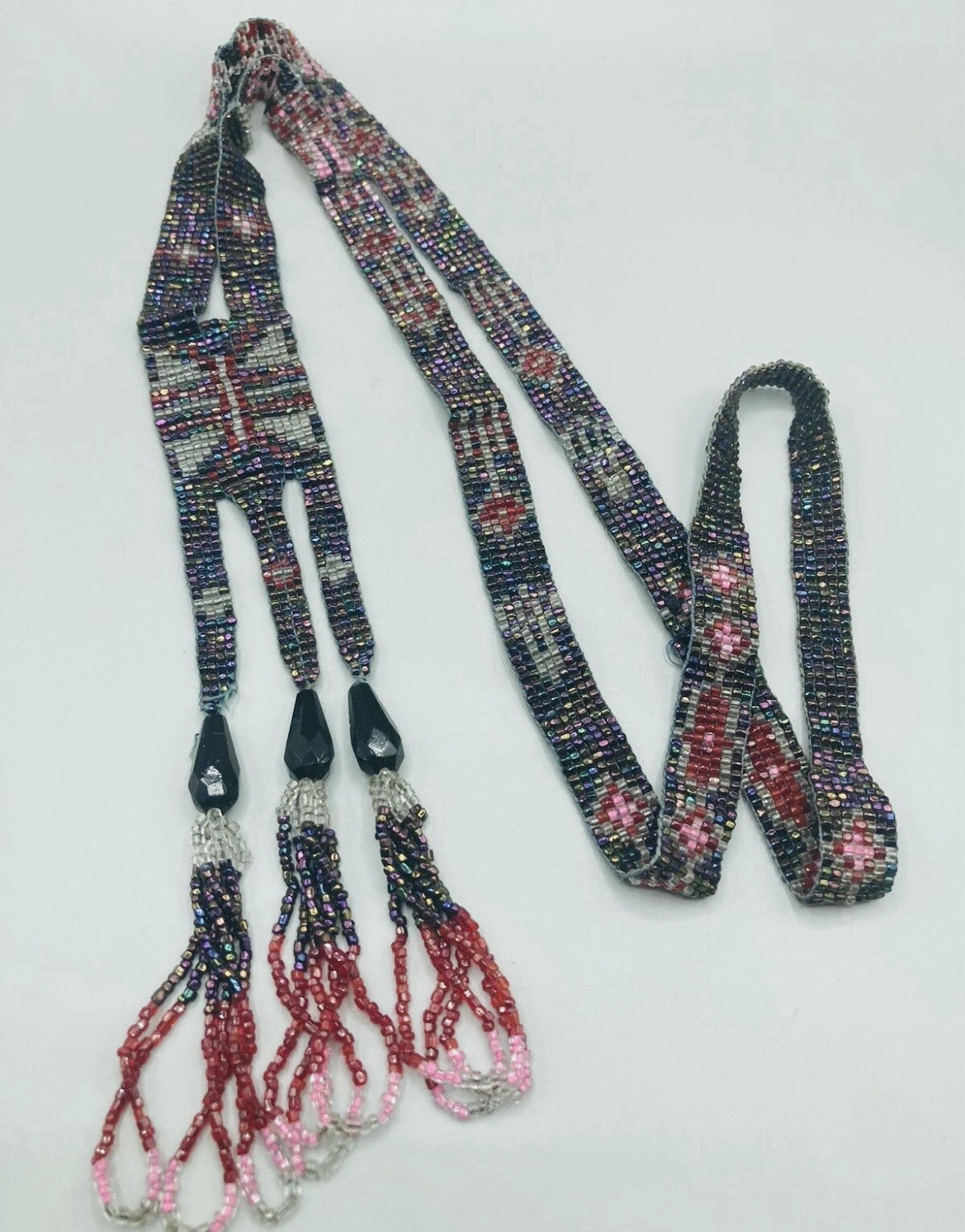 1920s Flapper Deco Sautoir Necklace, Very Good Antique Condition, Ecru/Blue/Pink