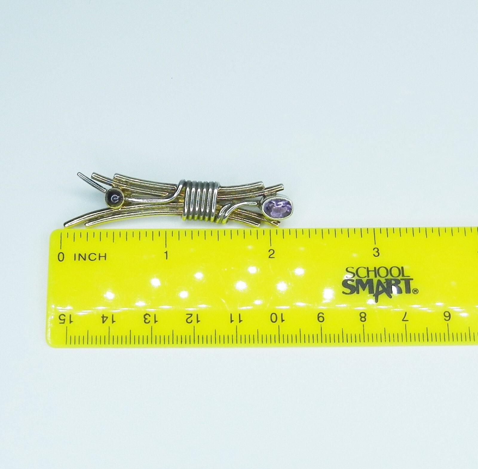 Vintage YES 925 Sterling Silver Amethyst Two Tone Modernist Abstract Brooch Pin