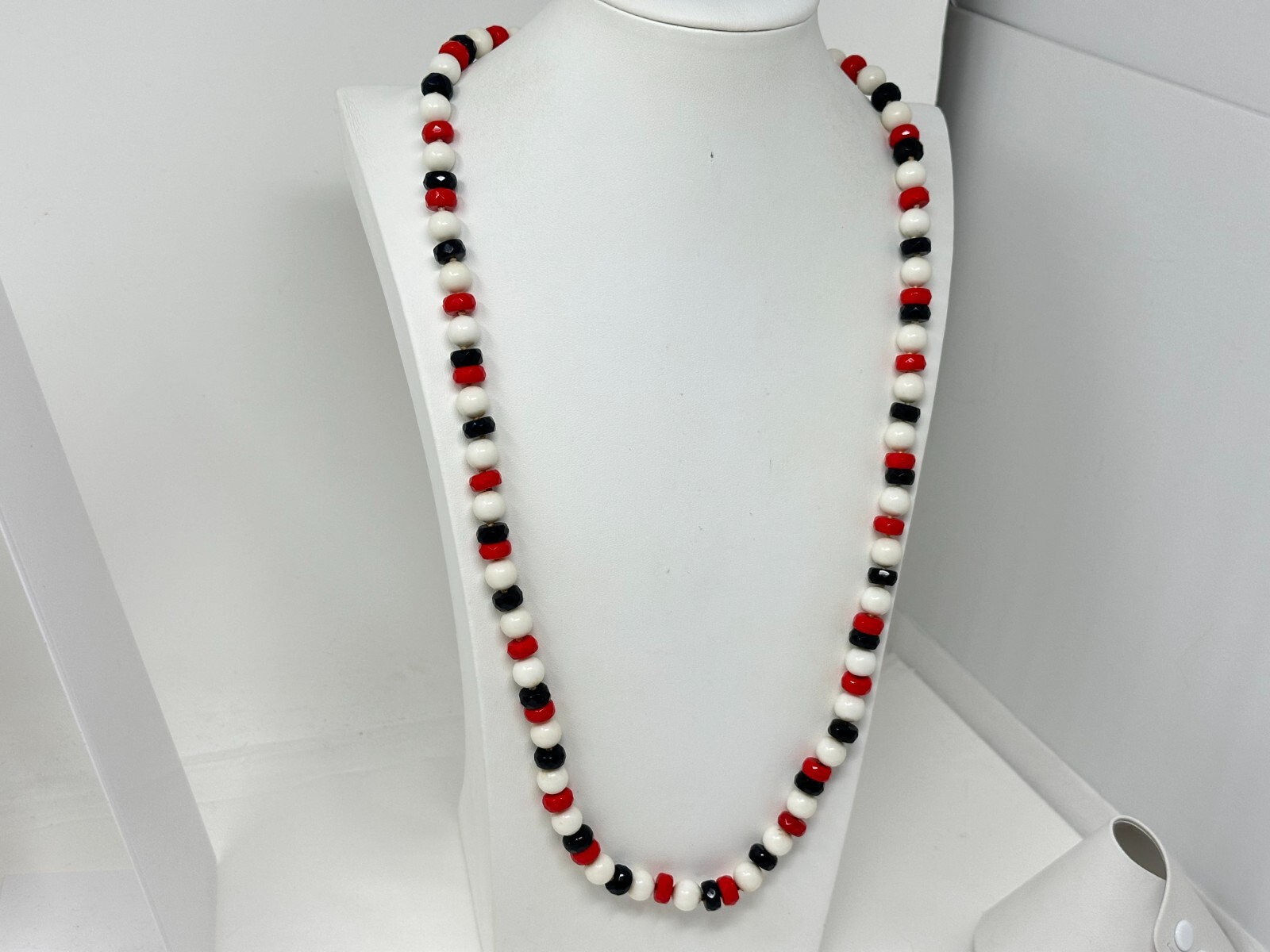 Vintage Red White & Blue Glass & Plastic Bead 30″ Long Necklace