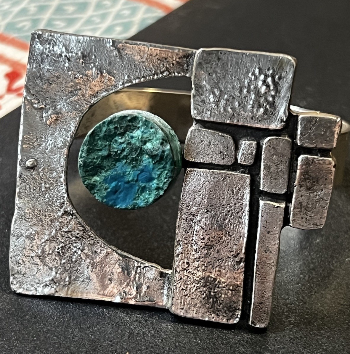 Scandinavian Brutalist 835 Silver Sz 5.75 Artist Crafted Bracelet Chrysocolla
