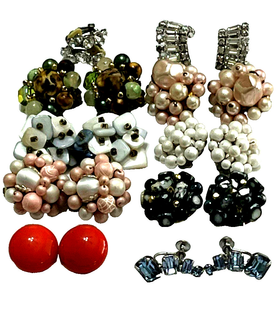 Vintage 10 Pairs Clip Earrings 6 Signed Japan & Hong Kong + Rhinestones # 112