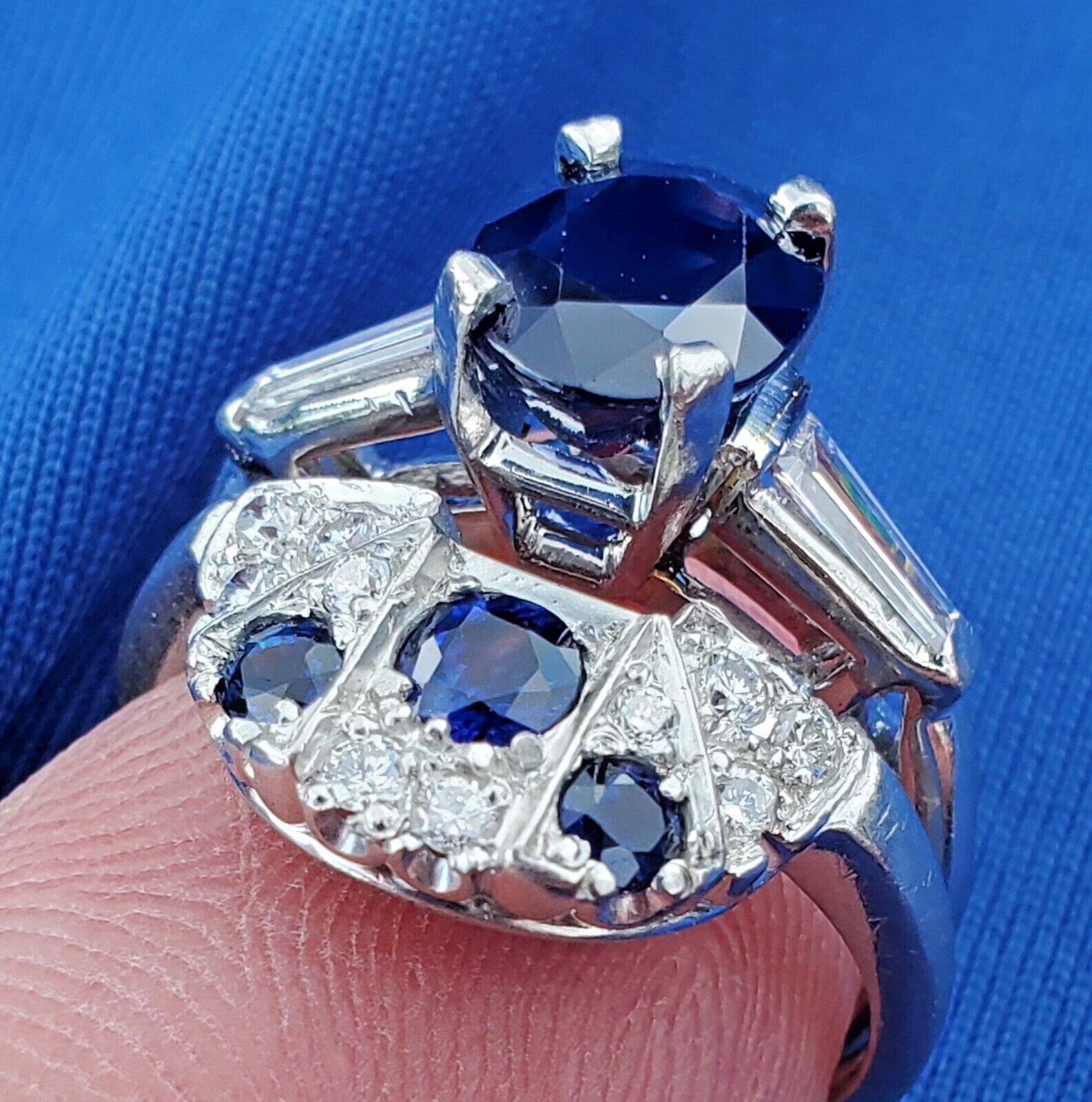 EARTH MINED SAPPHIRE DIAMON Deco Wedding Band Unique Vintage SOLID PLATINUM Ring