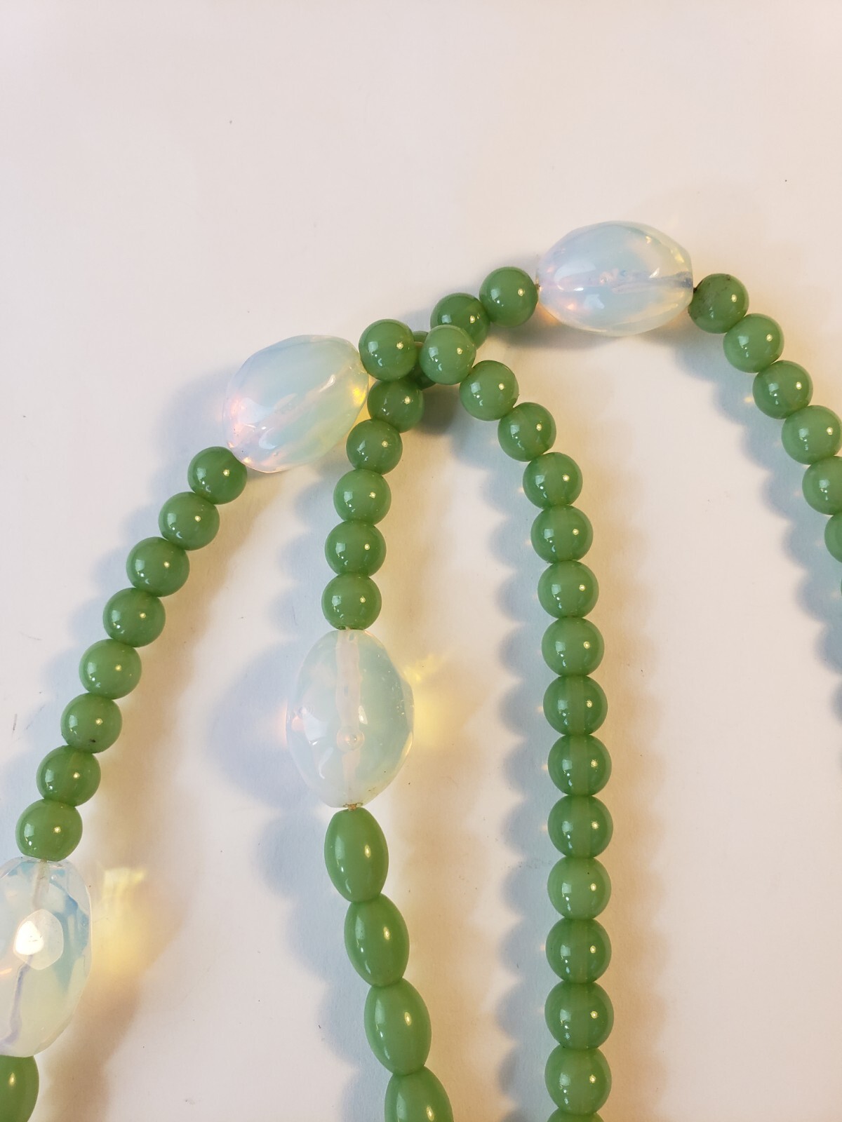 Vintage Opaline and Sage Green Glass Bead Necklace 29″
