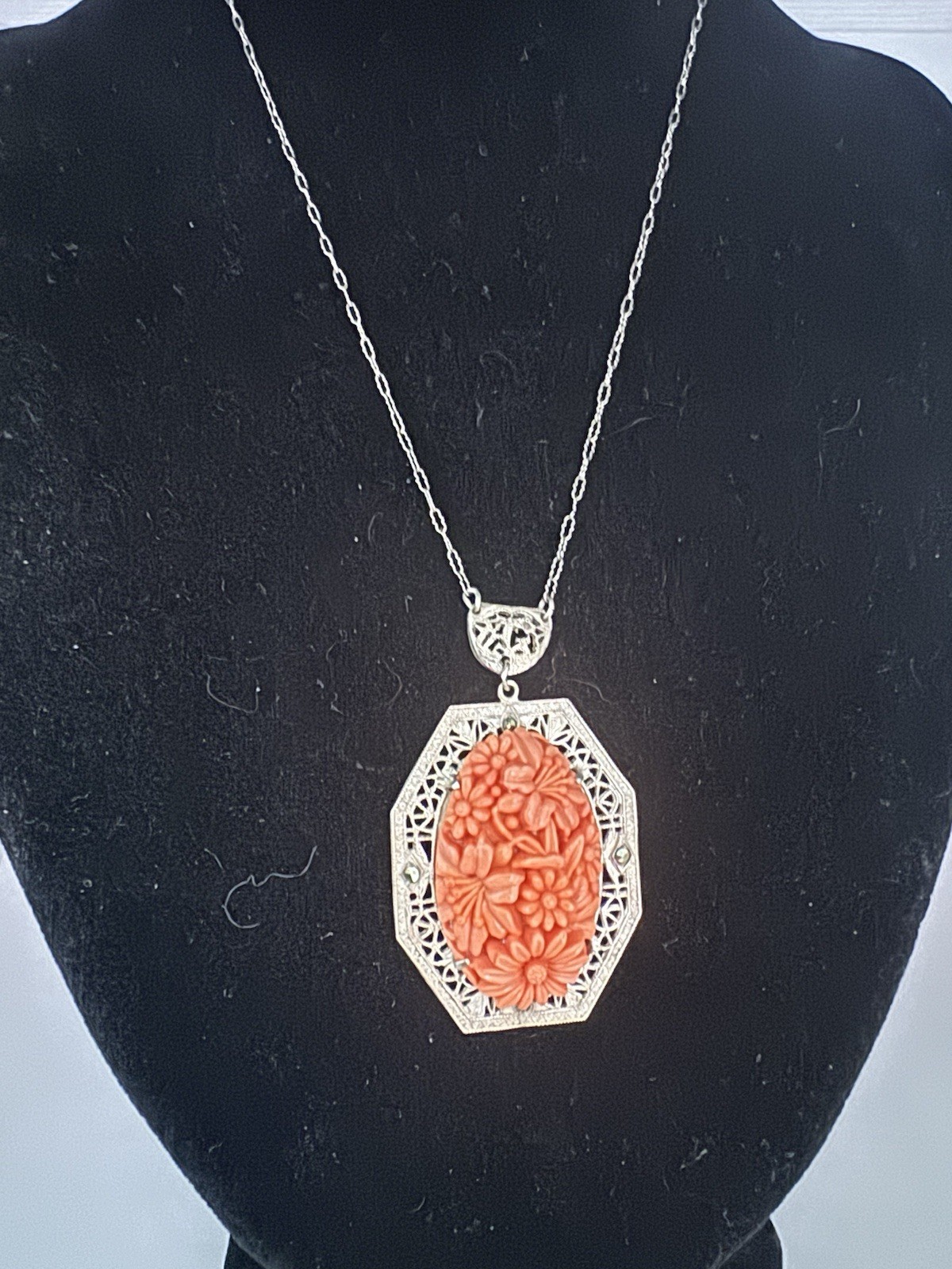 Antiqued ART DECO designed GERMANY faux Coral Carved Filigree Necklace Pendant