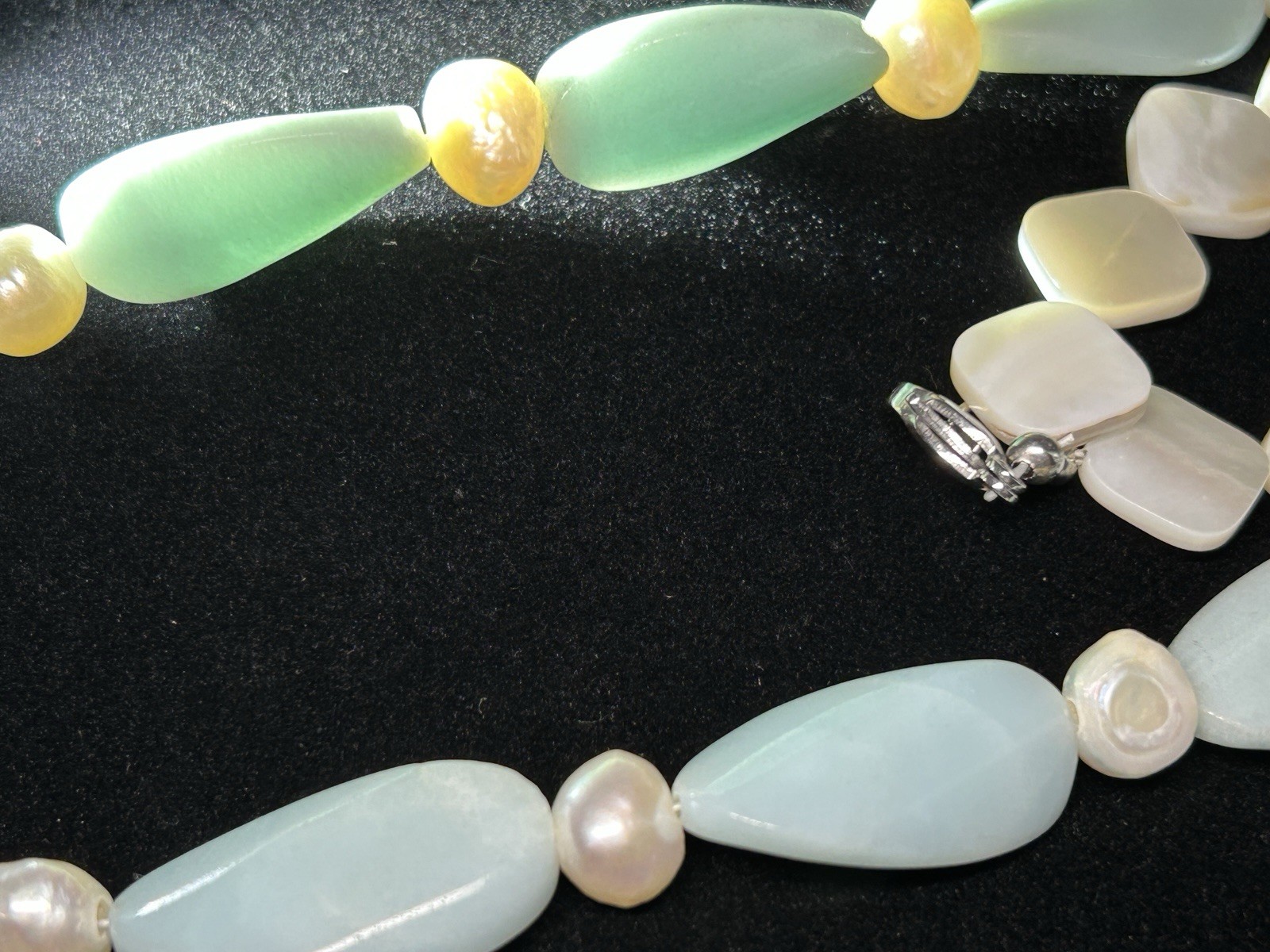 Carved Stone Fresh Water Pearls MOP Aurora Crystal Beaded Necklace