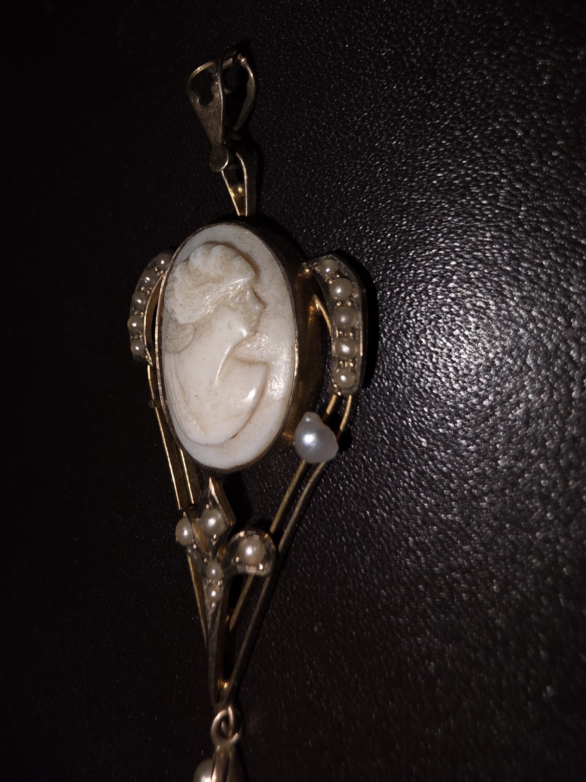 Antique 10k Gold Lavalier Pendant Art Nouveau Deco Cameo & Pearl