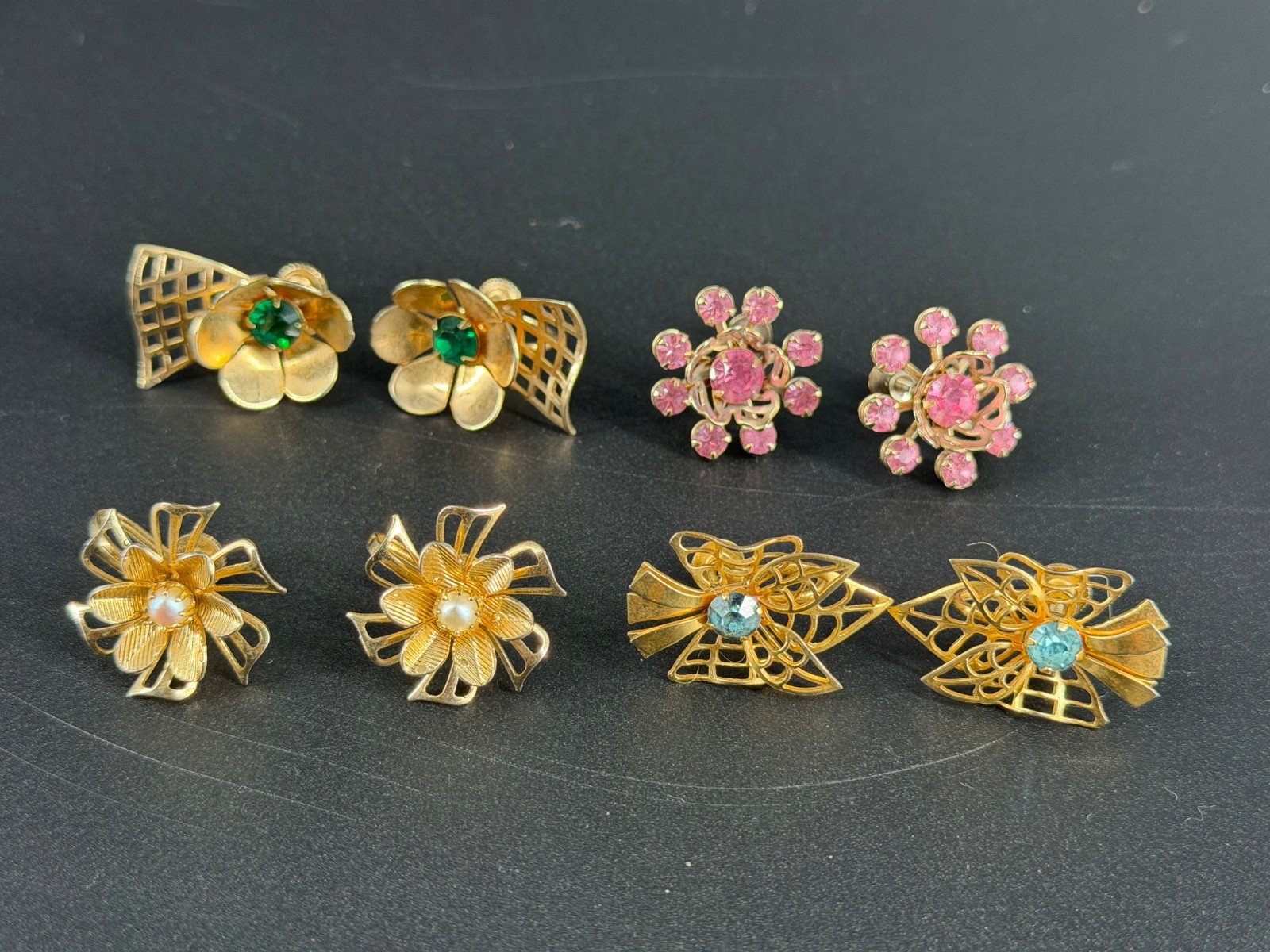 Vintage Flower Rhinestone Screw Back Earrings Lot 50s 60s
