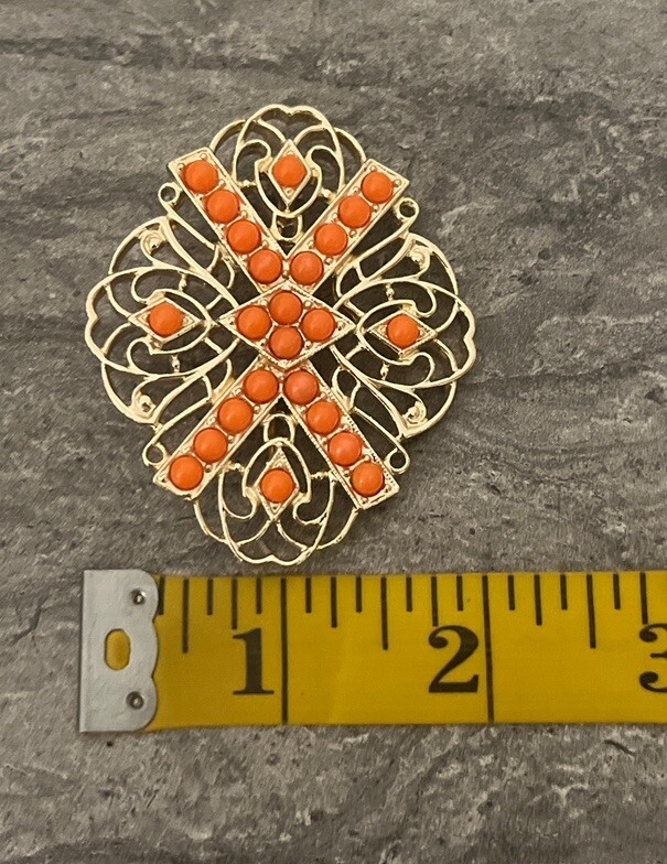 Vintage Sarah Coventry Gold Tone Filigree Coral Colored Beaded Brooch Pin