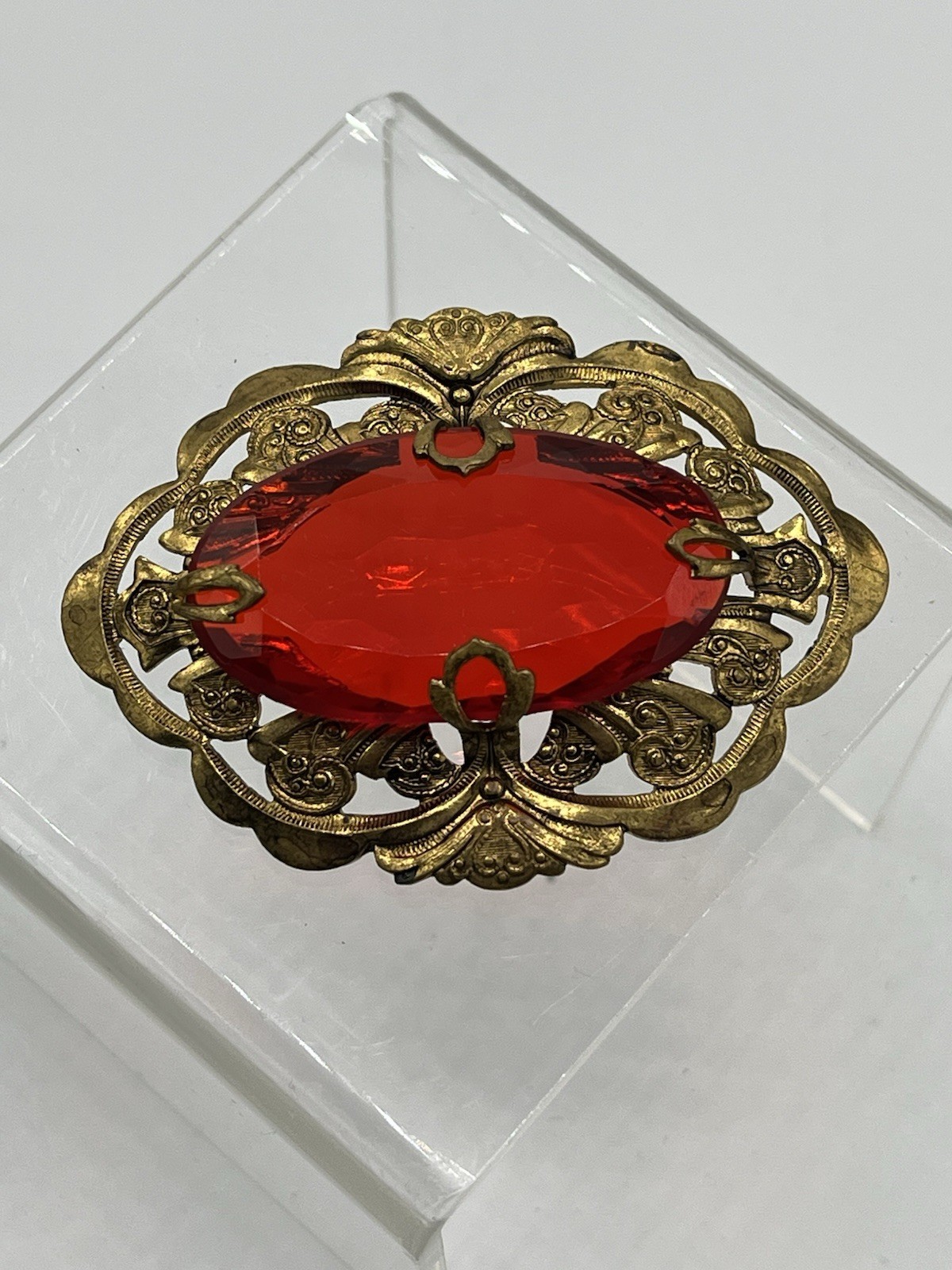 Vintage Large Red Glass Ornamental Brass Setting Brooch Missing Pin READ