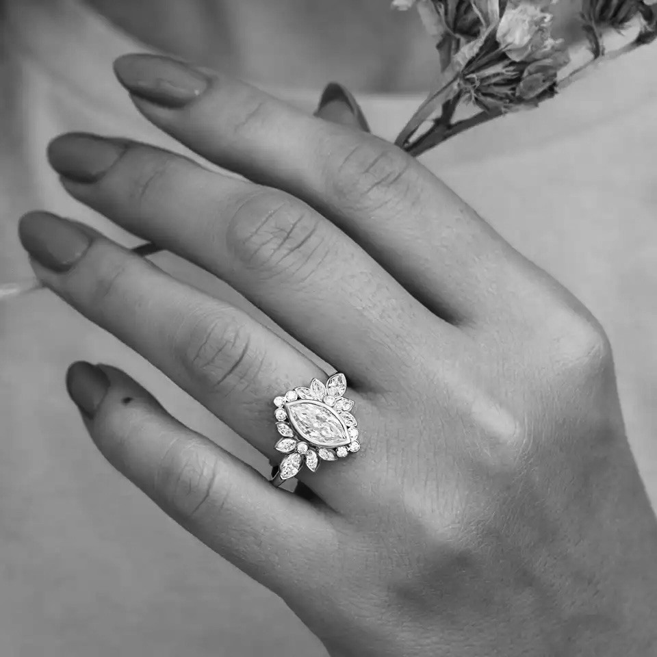 Floral Cluster Contemporary Style Bezel Set Marquise Moissanite Engagement Ring