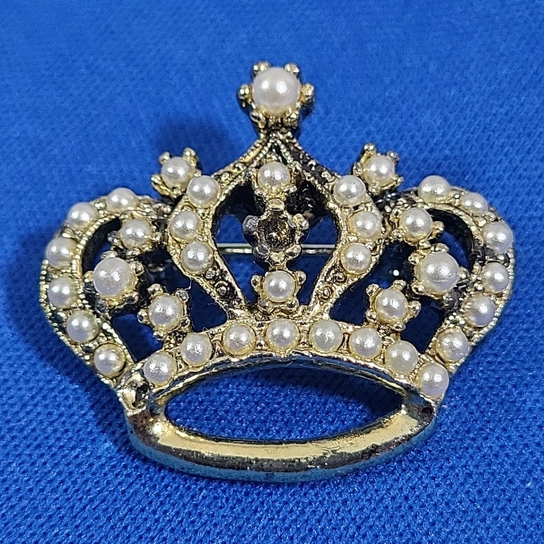 Crown Pendant Brooch Pin Mini Faux Pearl Traditional Flawed