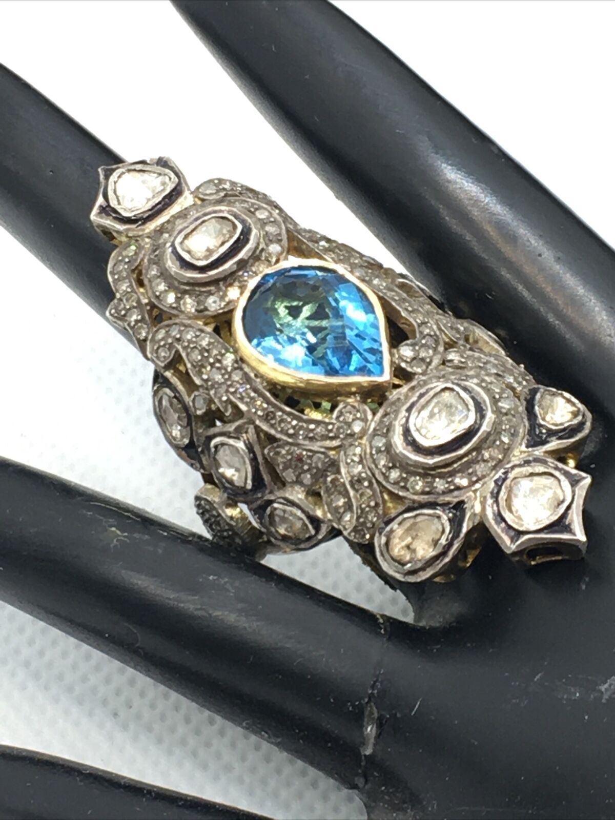 Vintage 14K Two Tone Gold 2.75TCW Diamonds & 3.40CTW Blue Topaz Ring 19.3gr.