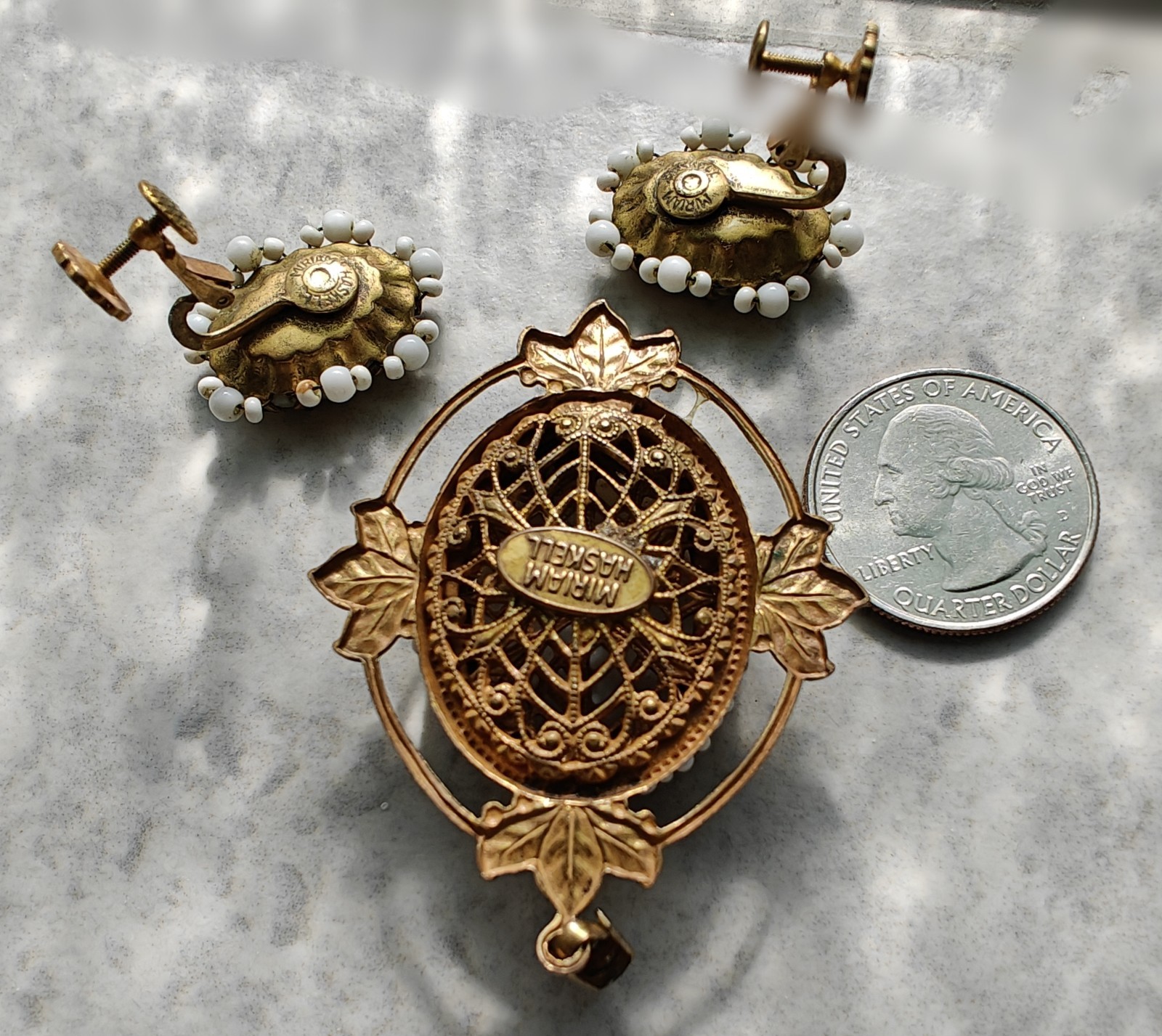 Rare Signed MIRIAM HASKELL Lot Pendant/Ergs Set, Screw Back Earrings, Stick Pin