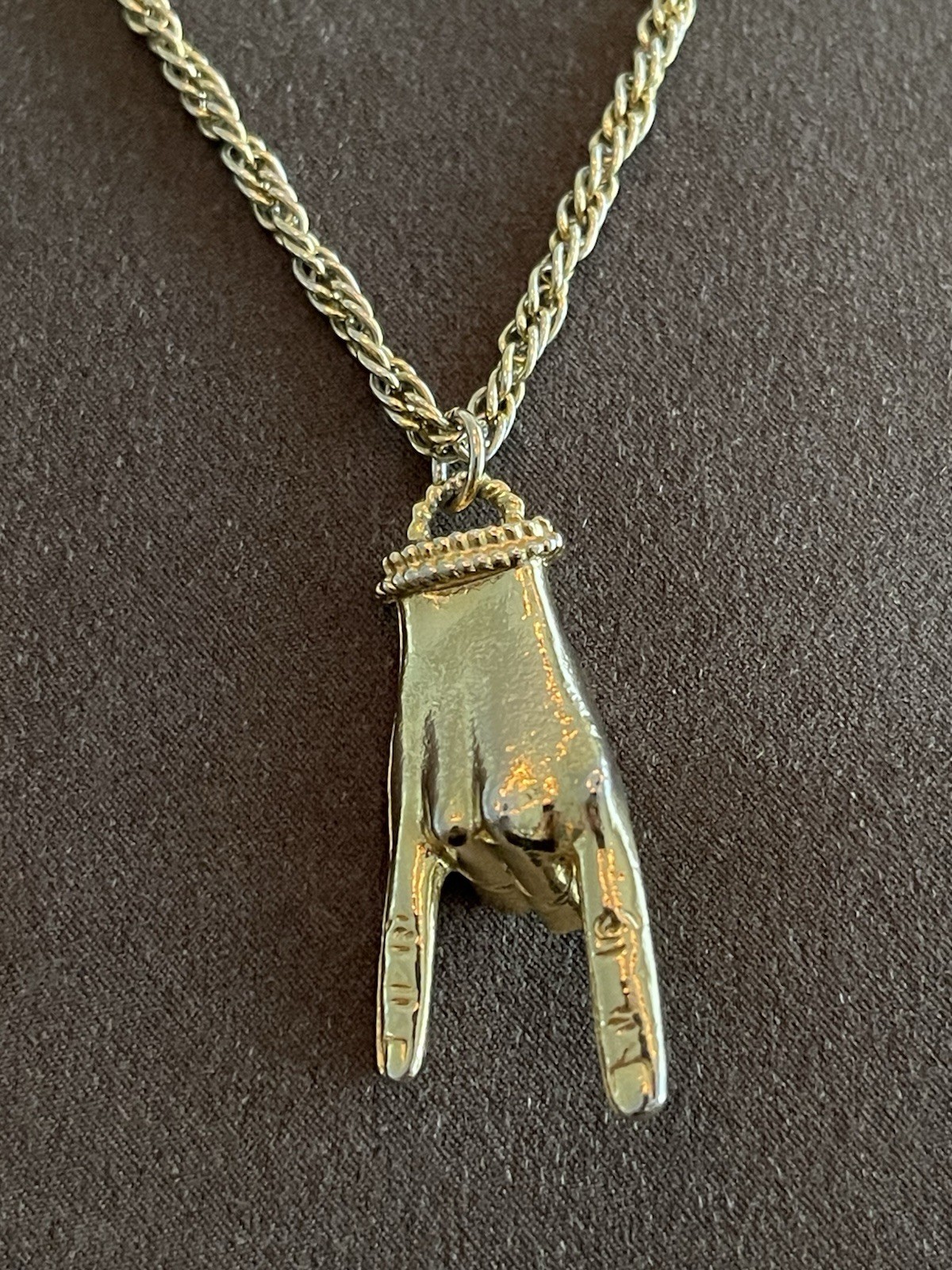 Vintage Gold Tone Italian Mano Cornuto Pendant Good Luck Charm Necklace