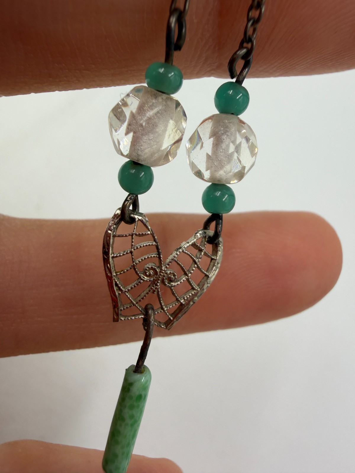 Vintage Necklace Art Deco Green Art Glass FloralBrass Asian Pendant Filigree PJ