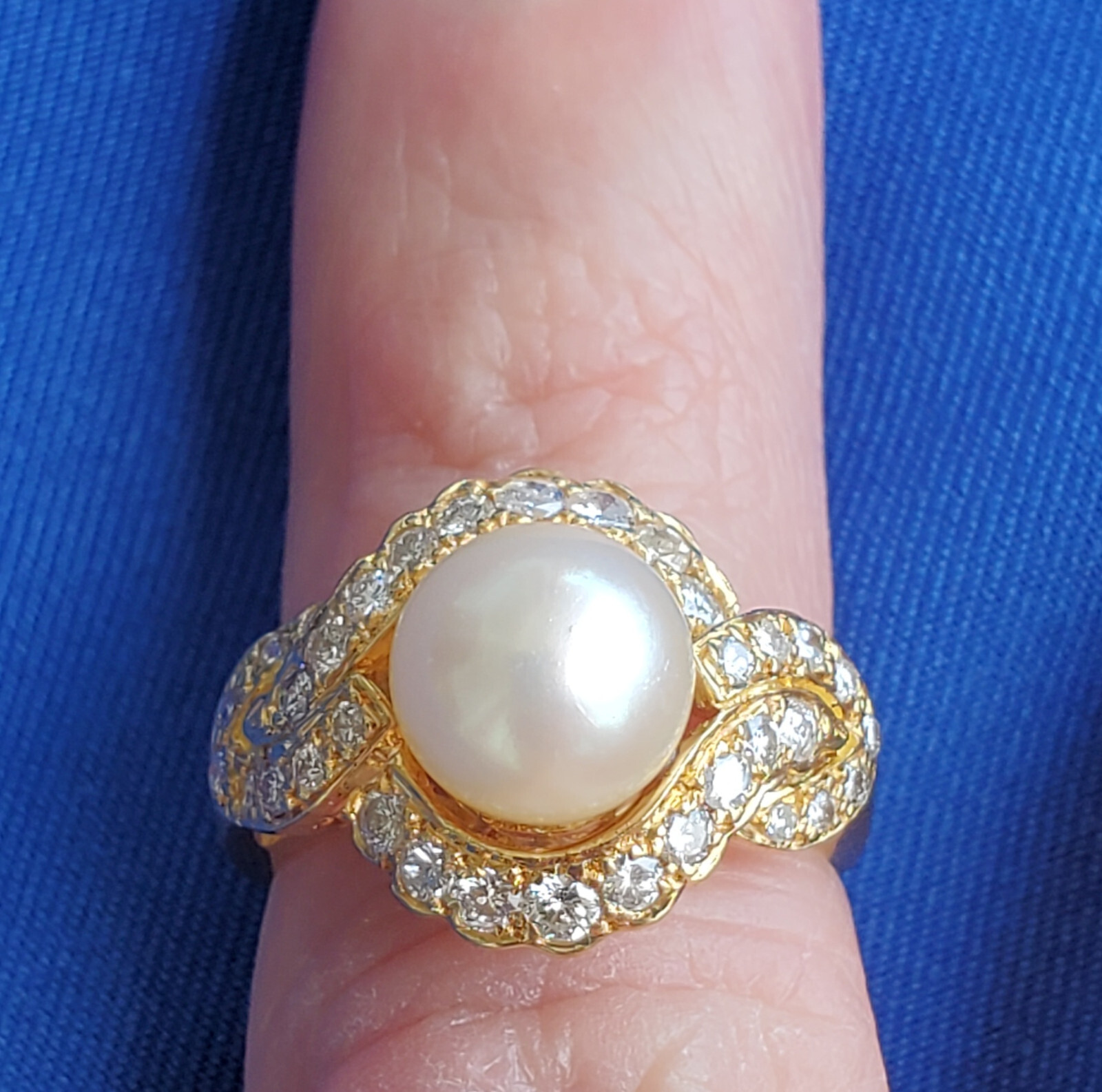 Original EARTH MINED DIAMOND Pearl Deco Engagement Ring Statement SOLID 18K GOLD
