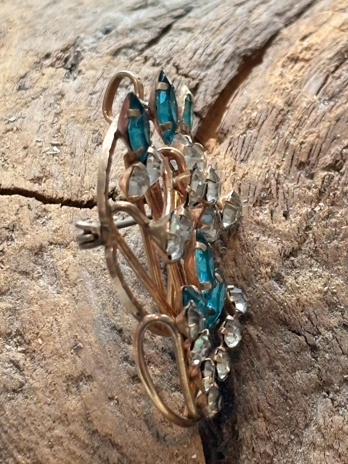 1930s PR. ST. & CO 1/ 20th 12K gf BLUE & CLEAR RHINESTONES GOLD FILLED BROOCH