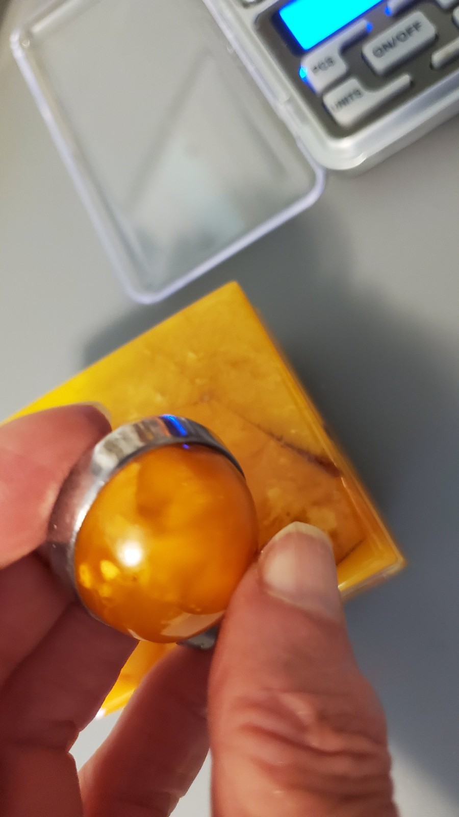 Vintage Lithuania butterscotch amber box and huge sterling pendant set