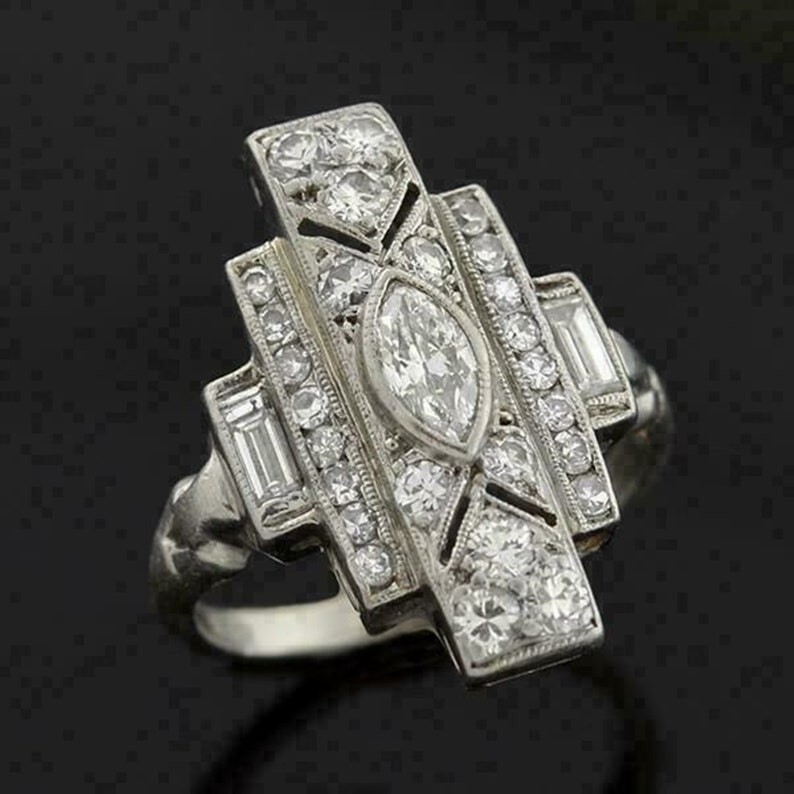 Elongated Lozenge Dinner Ring, Multi Shape Edwardian Ring, Vintage Cocktail Ring