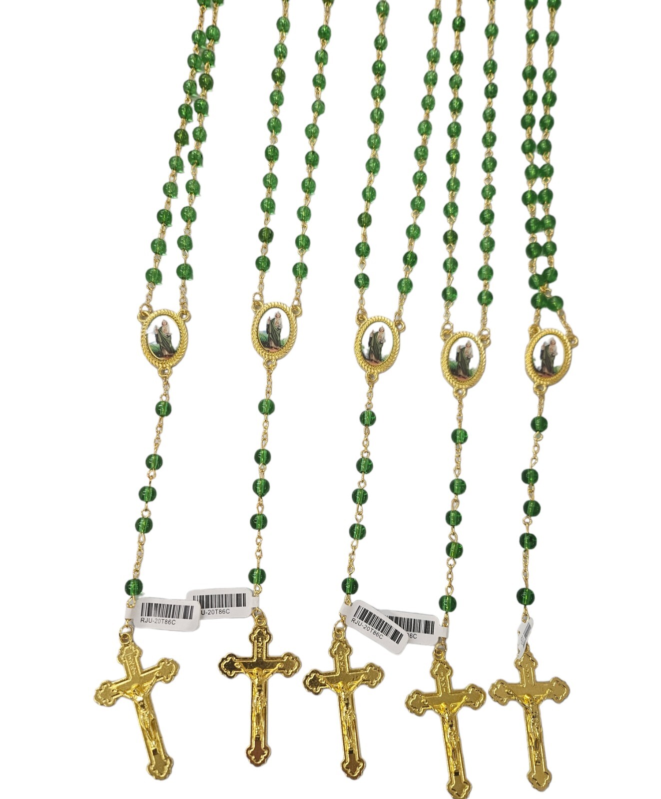 Set of 12 x San Judas Tadeo Rosario / St Jude Thaddeus Green Glass Rosary